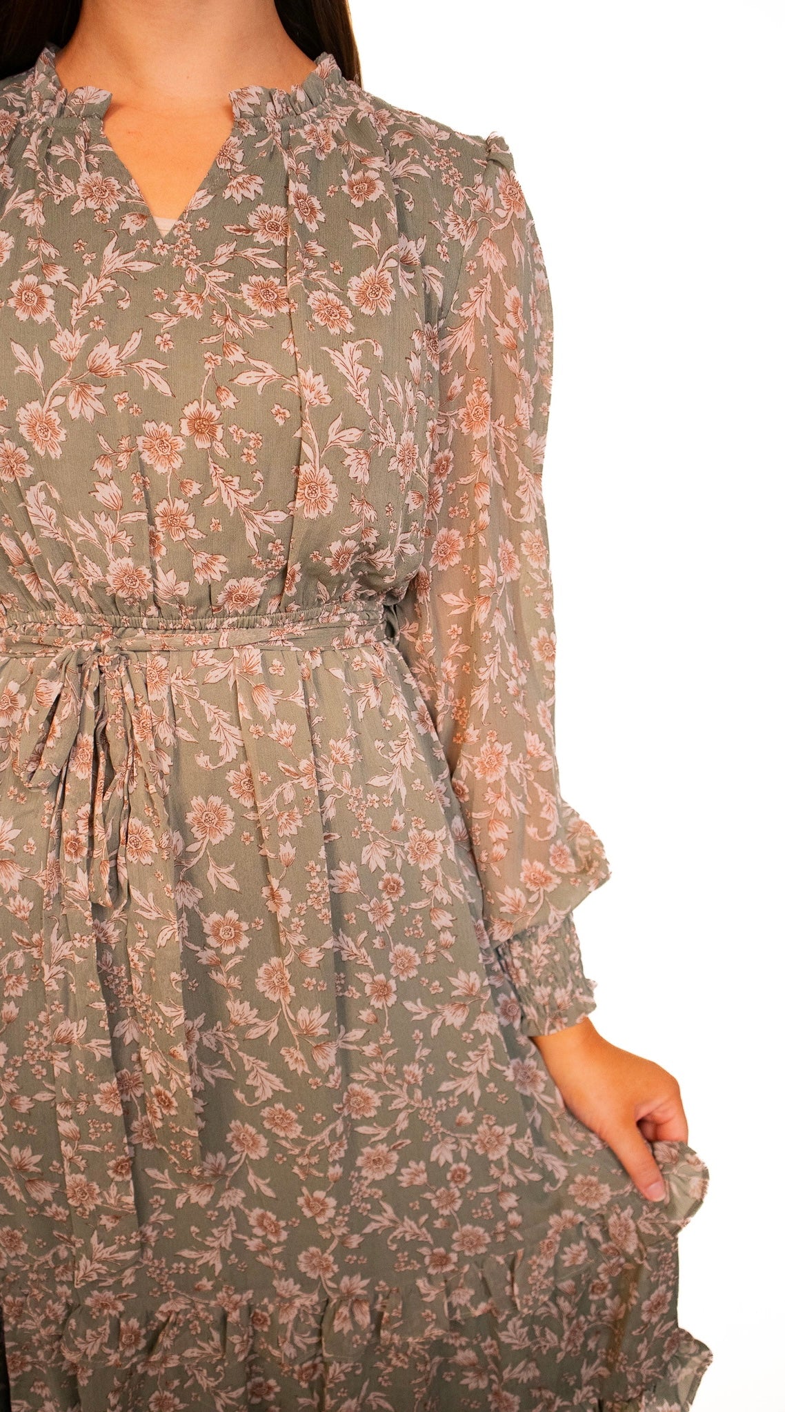 The Olive Chiffon Floral Dress