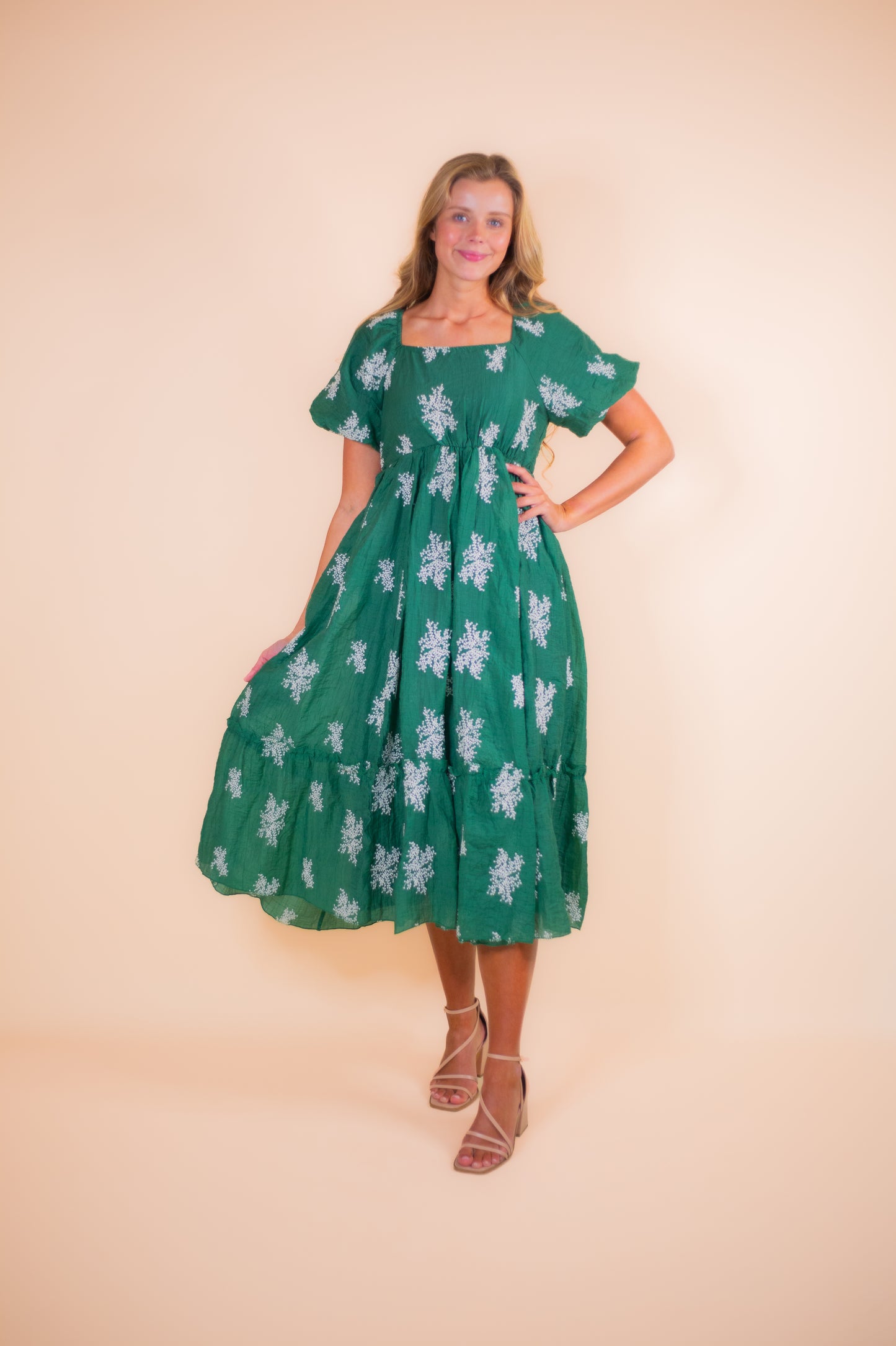 The Anna Babydoll Embroidered Dress in Emerald