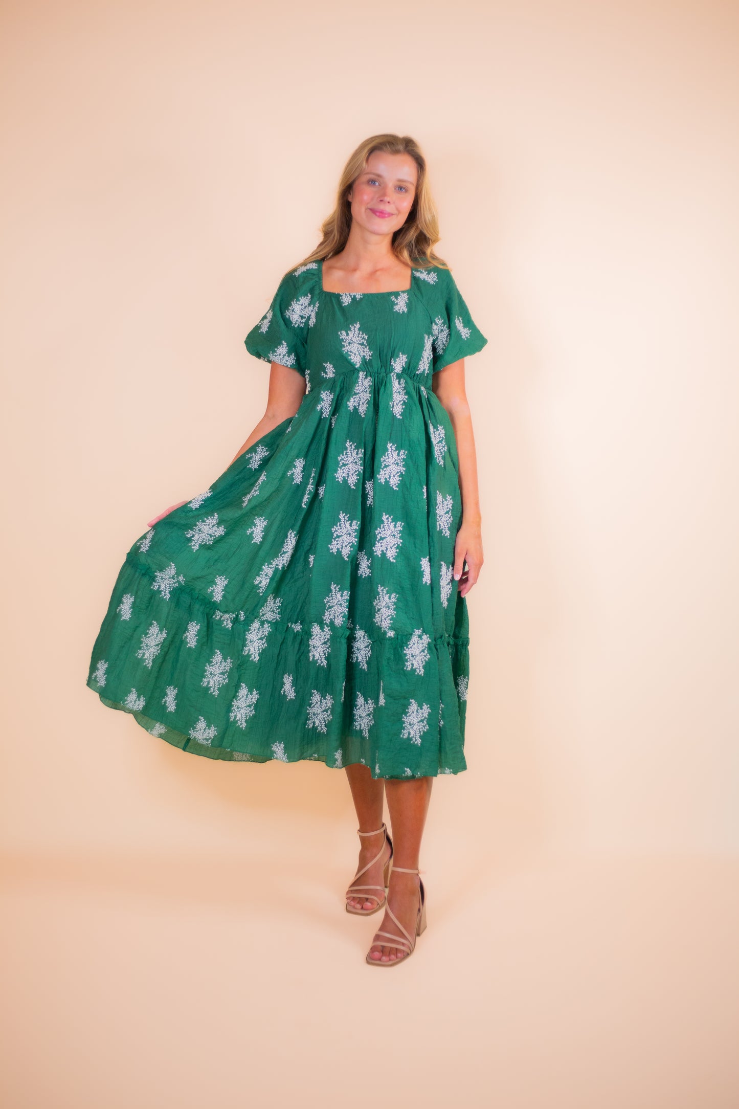 The Anna Babydoll Embroidered Dress in Emerald