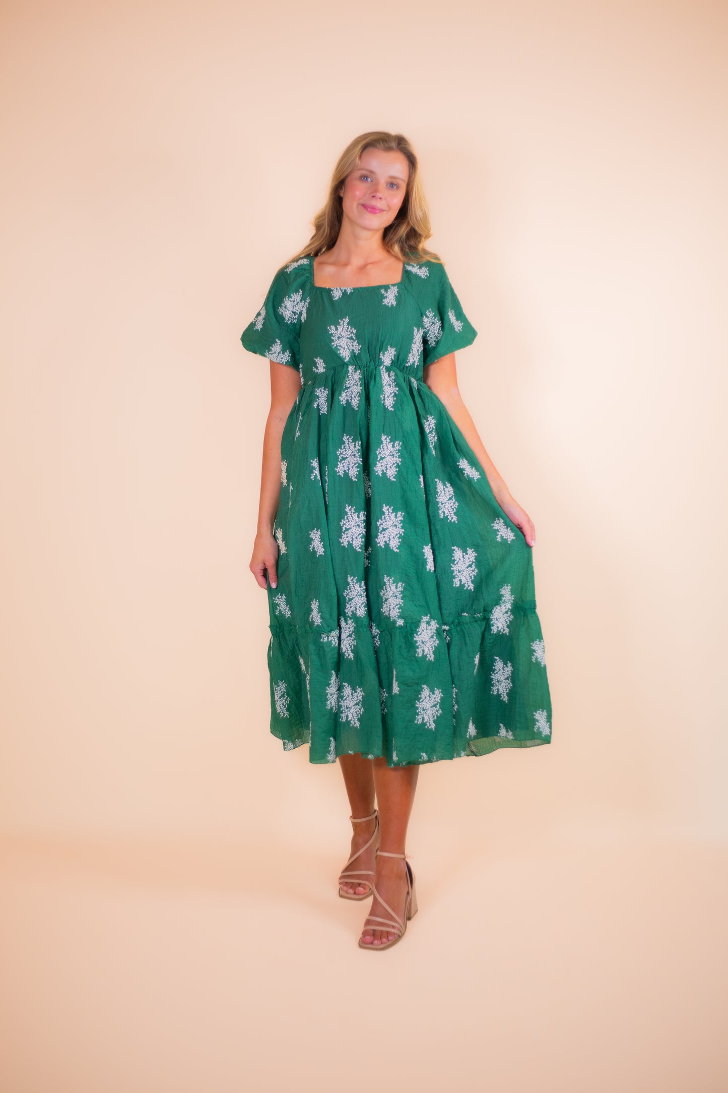 The Anna Babydoll Embroidered Dress in Emerald