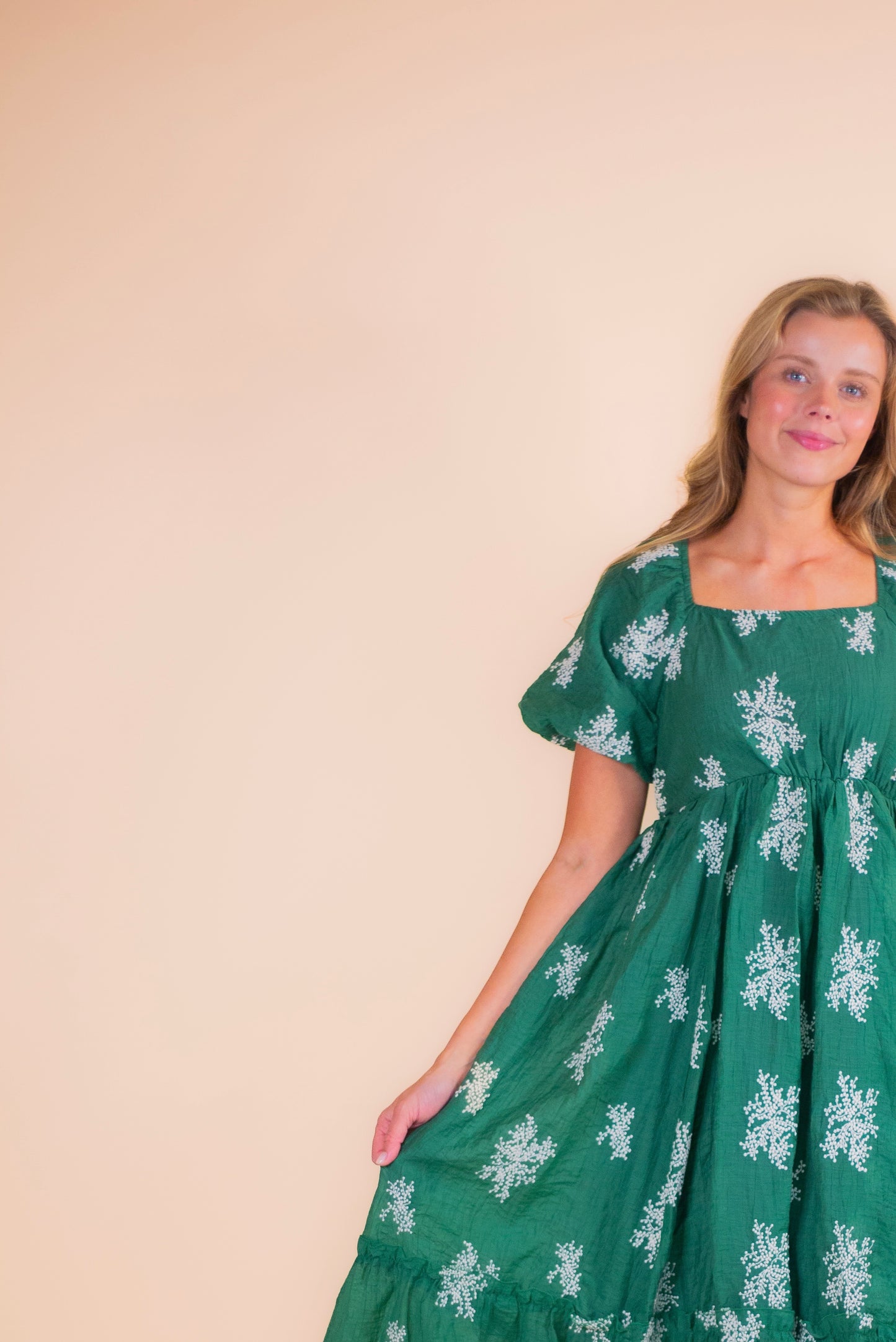 The Anna Babydoll Embroidered Dress in Emerald