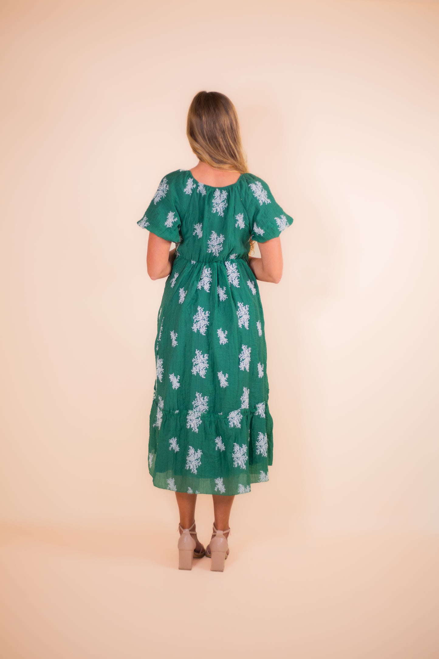 The Anna Babydoll Embroidered Dress in Emerald