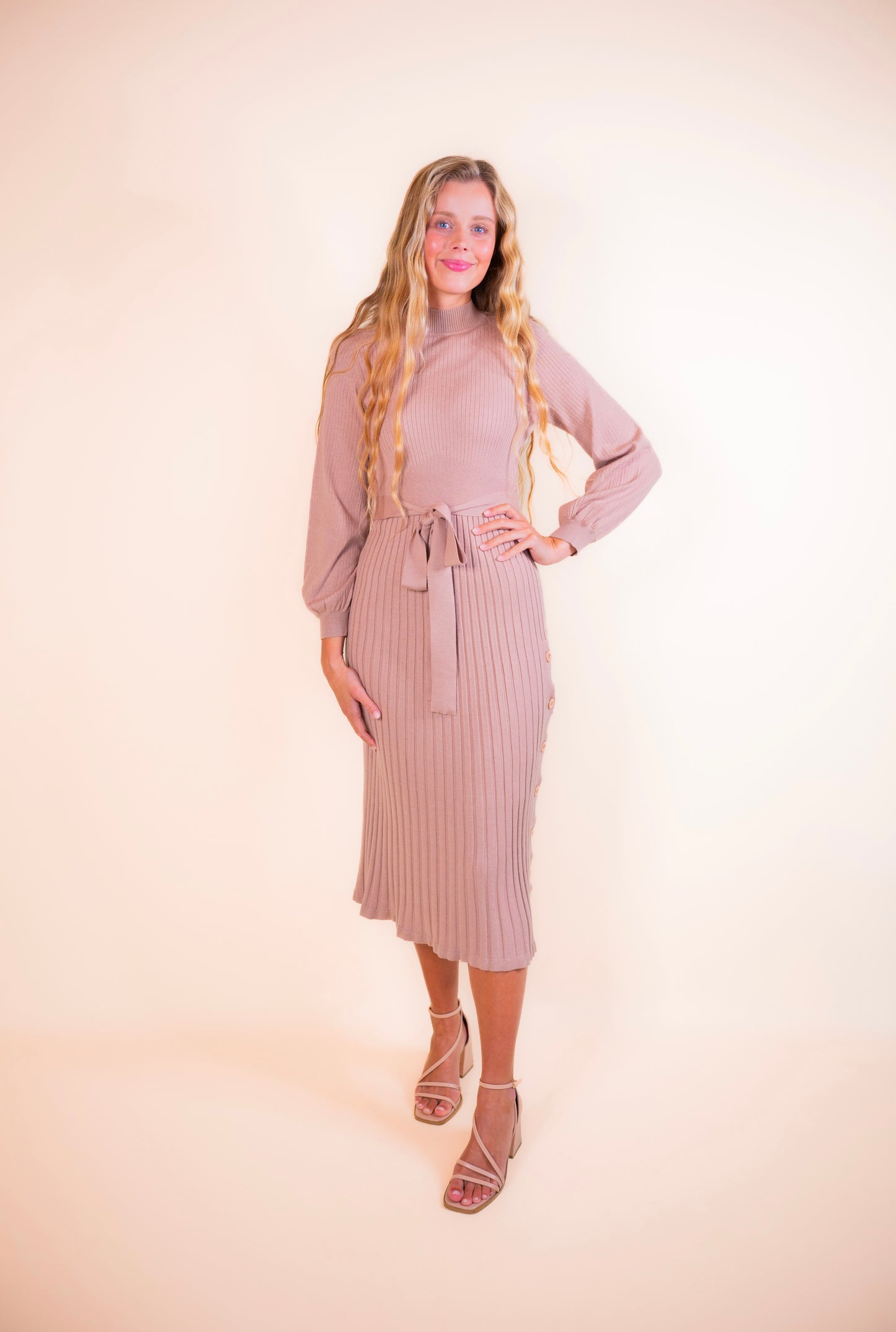 The Maren Mockneck Sweater Dress in Tan