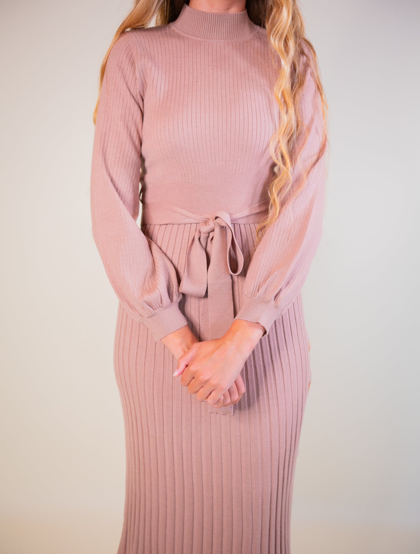 The Maren Mockneck Sweater Dress in Tan