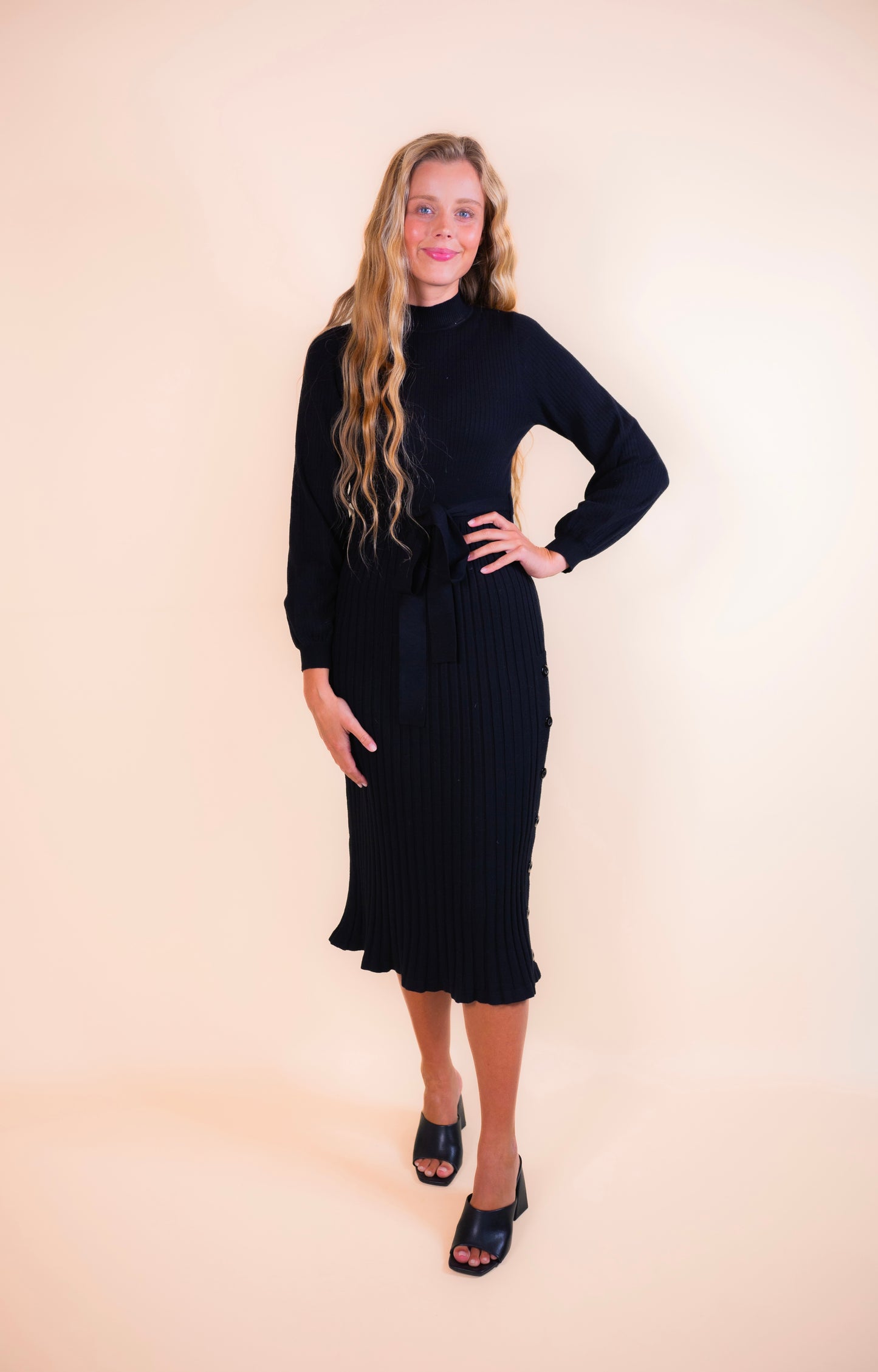 The Maren Mockneck Sweater Dress in Black