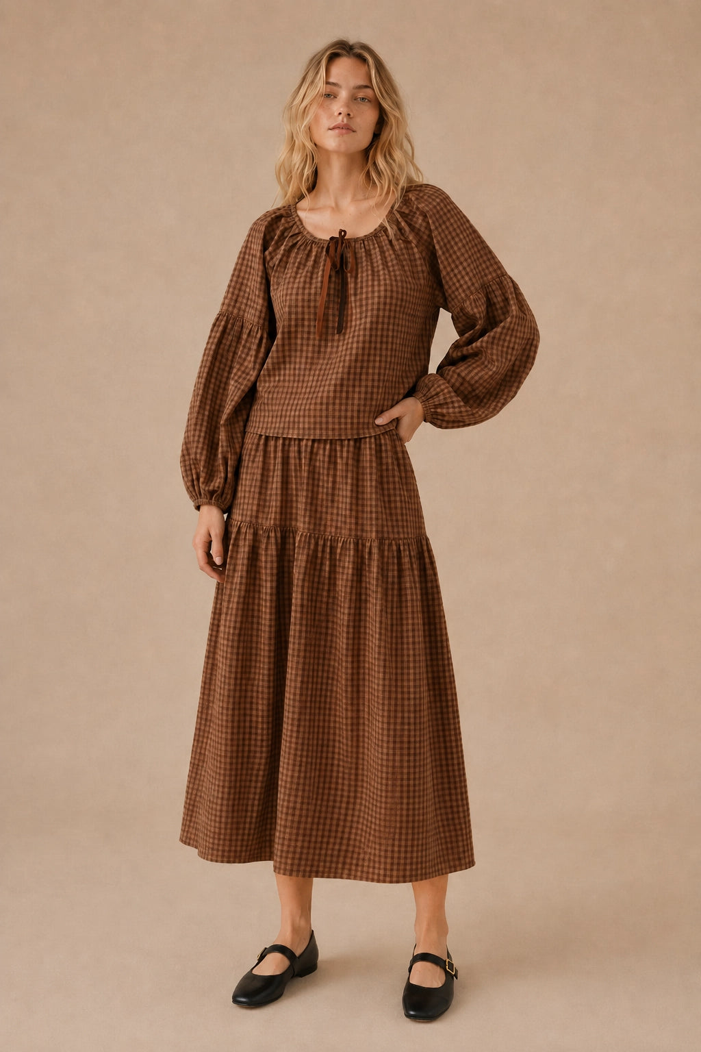 The Quinn Plaid Set in Brown Plaid in 100% Cotton