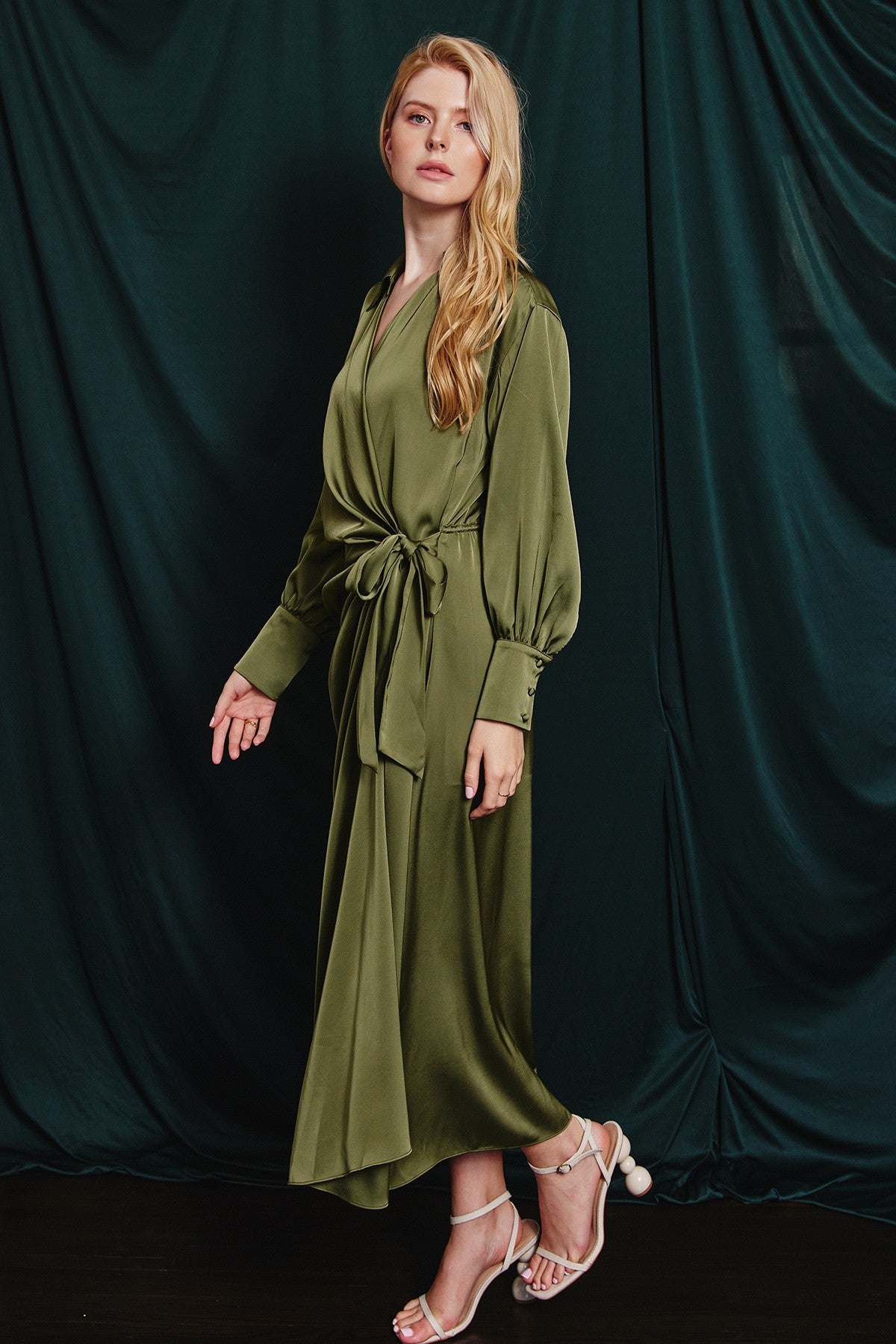 The Blaire Satin Wrap Dress in Olive