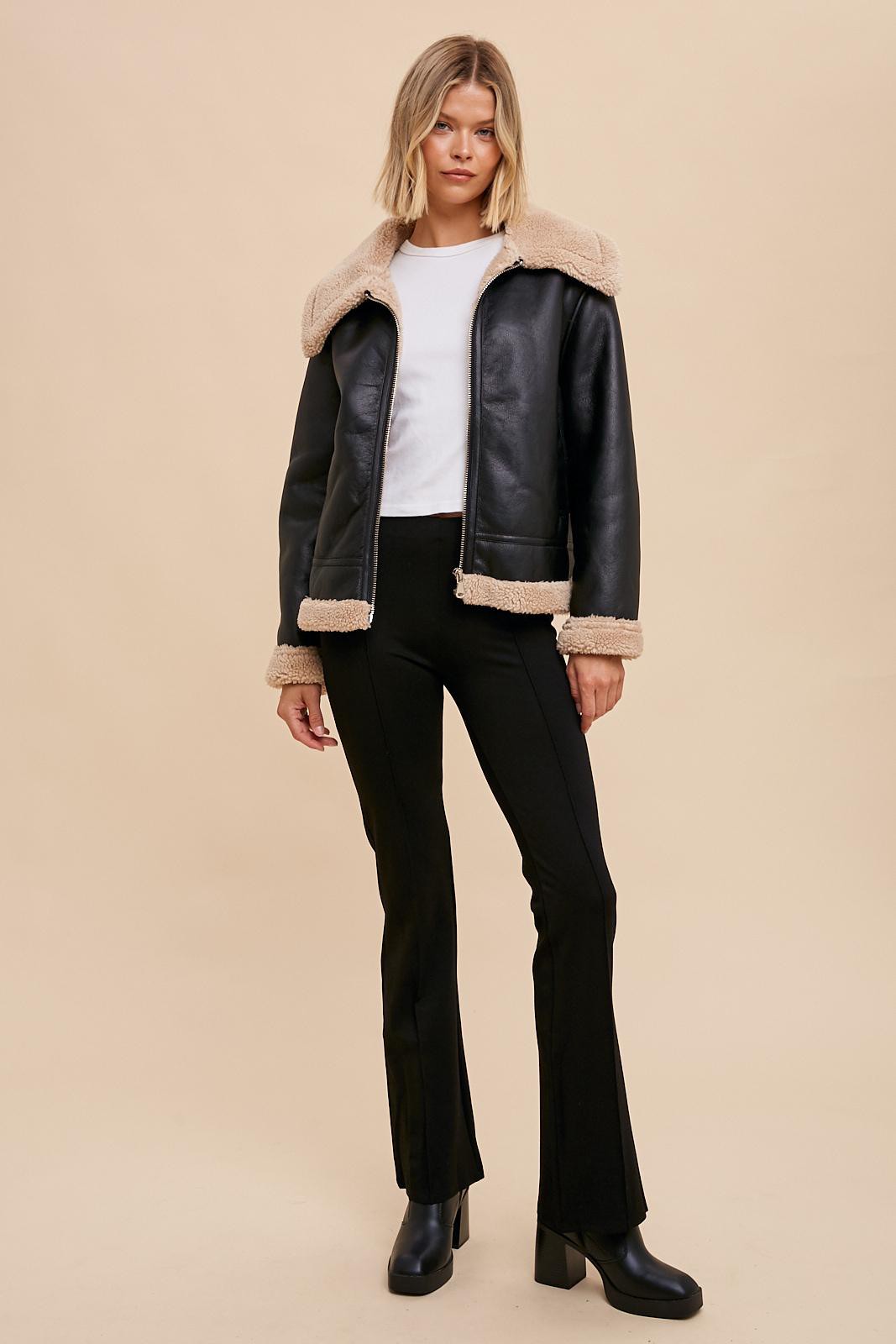 The Lexi Vegan Leather Shearling Jacket in Black