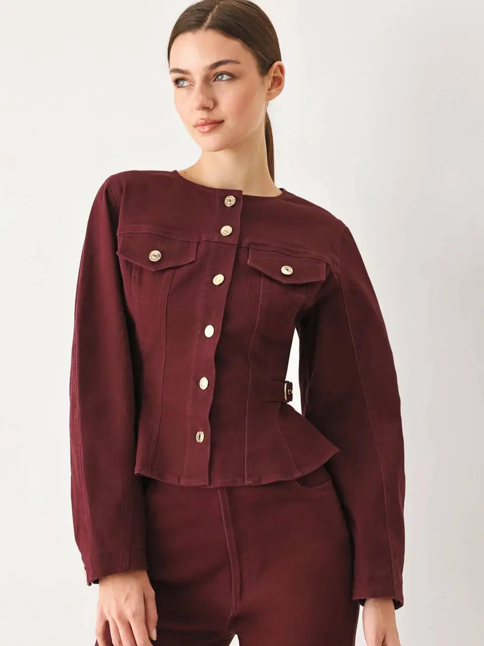 The Elena Jacket in Burgundy Denim