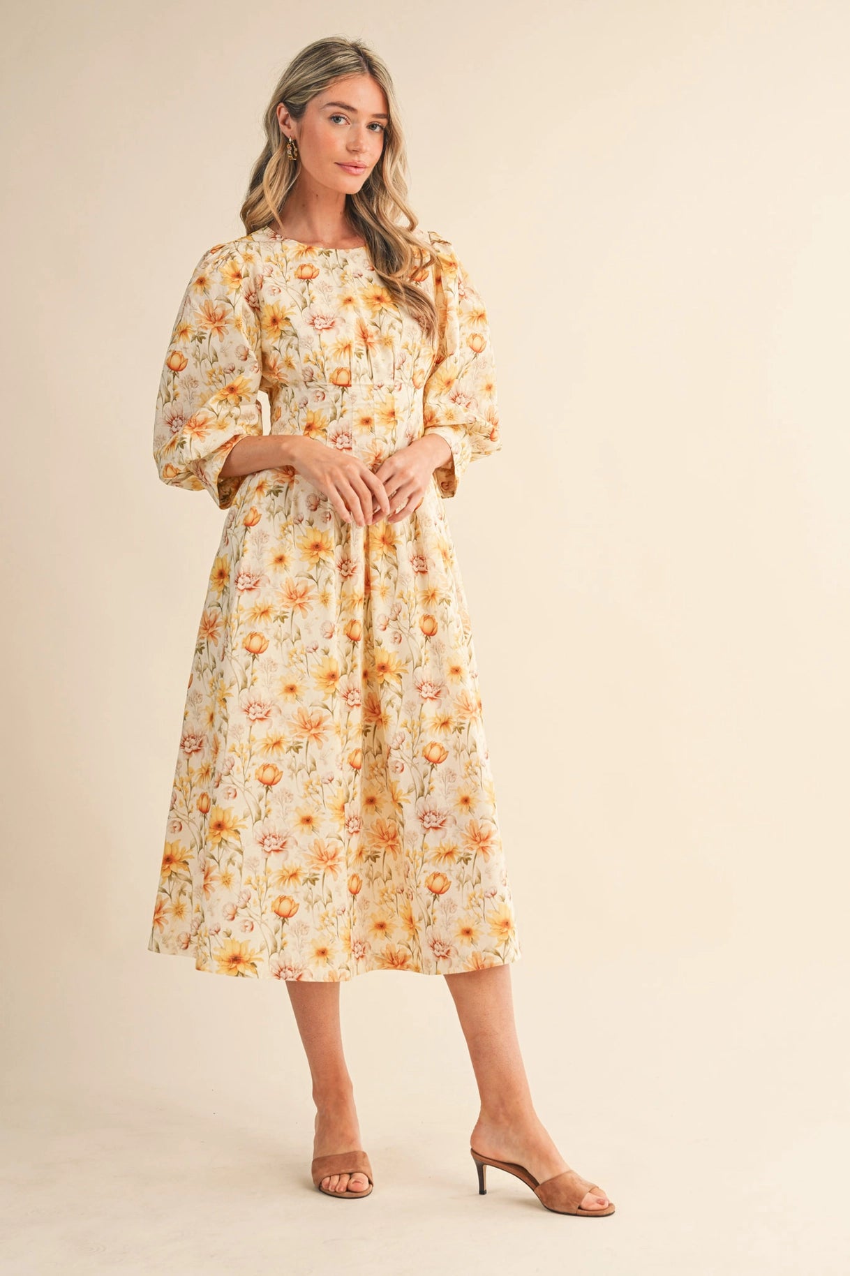 The Alaina Floral Midi Dress in Golden Floral