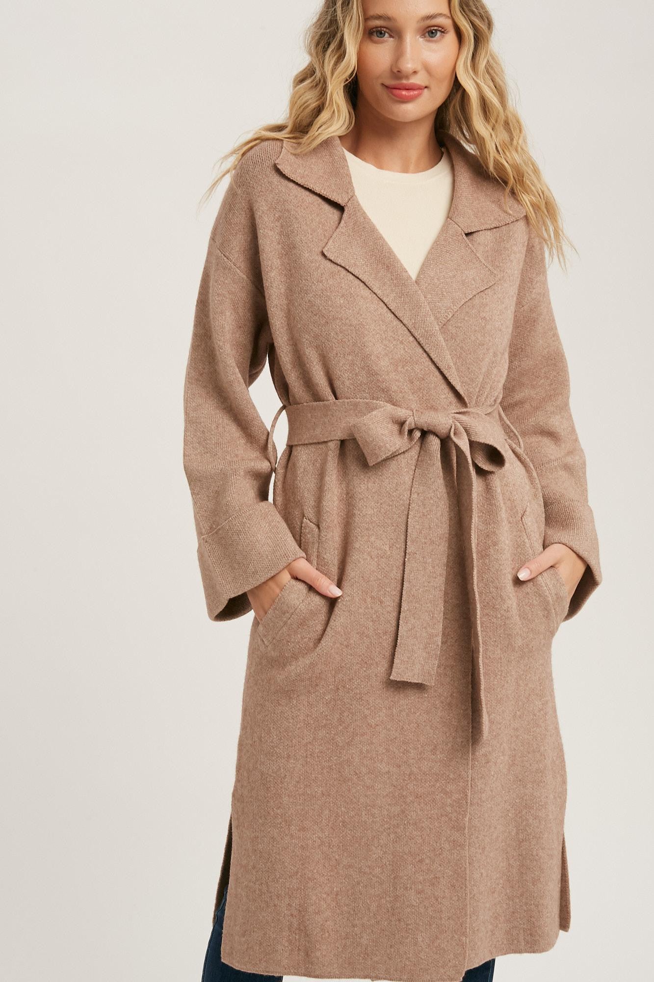 The Karlie Effortless Knitted Trench Coat in Latte