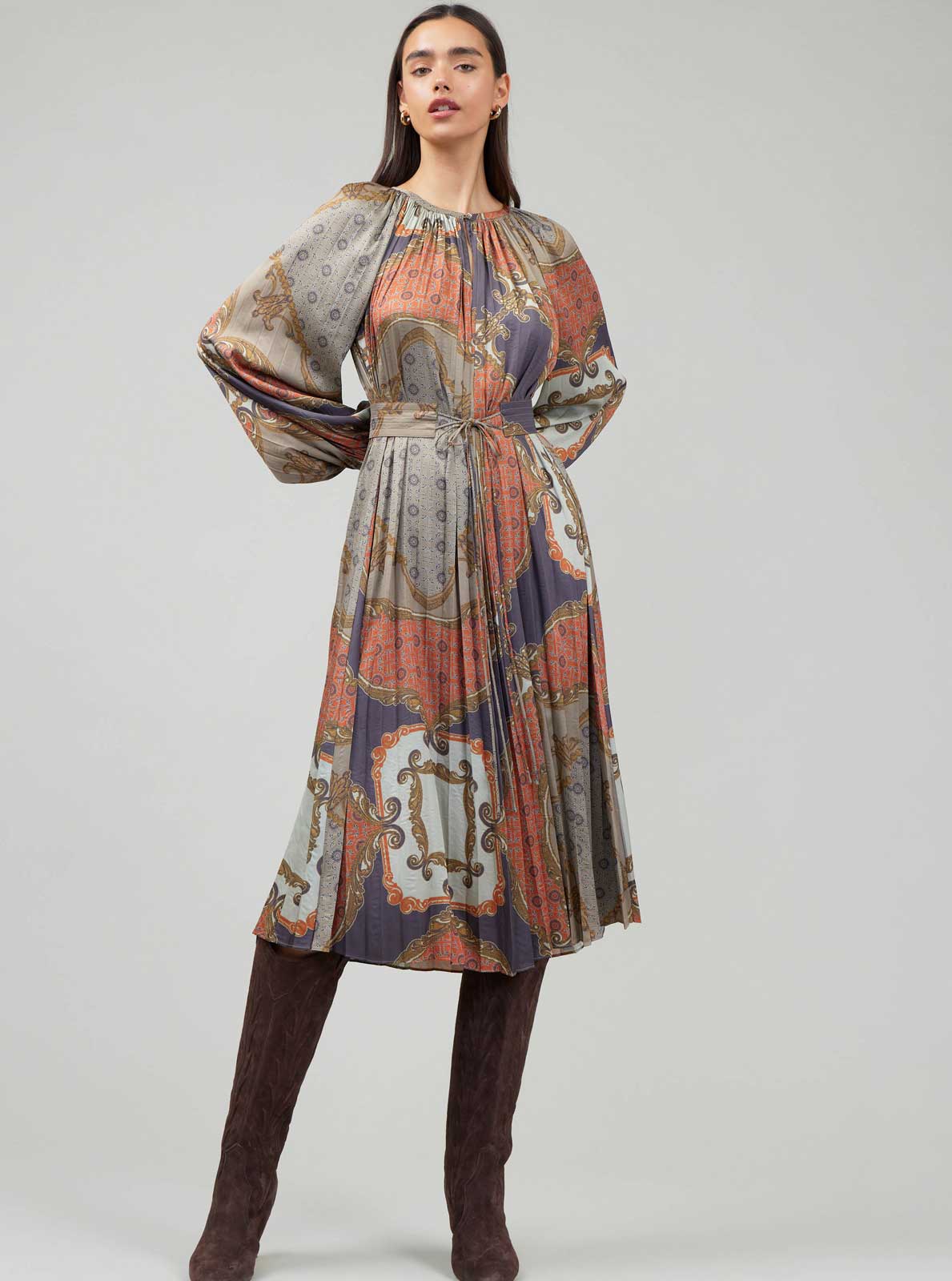 The Celeste Pleated Satin Midi Dress