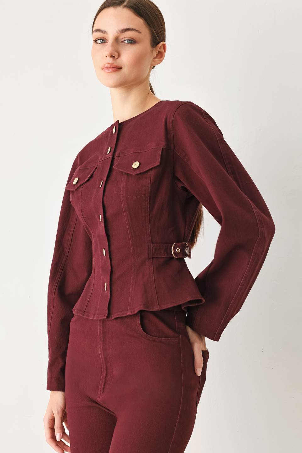 The Elena Jacket in Burgundy Denim
