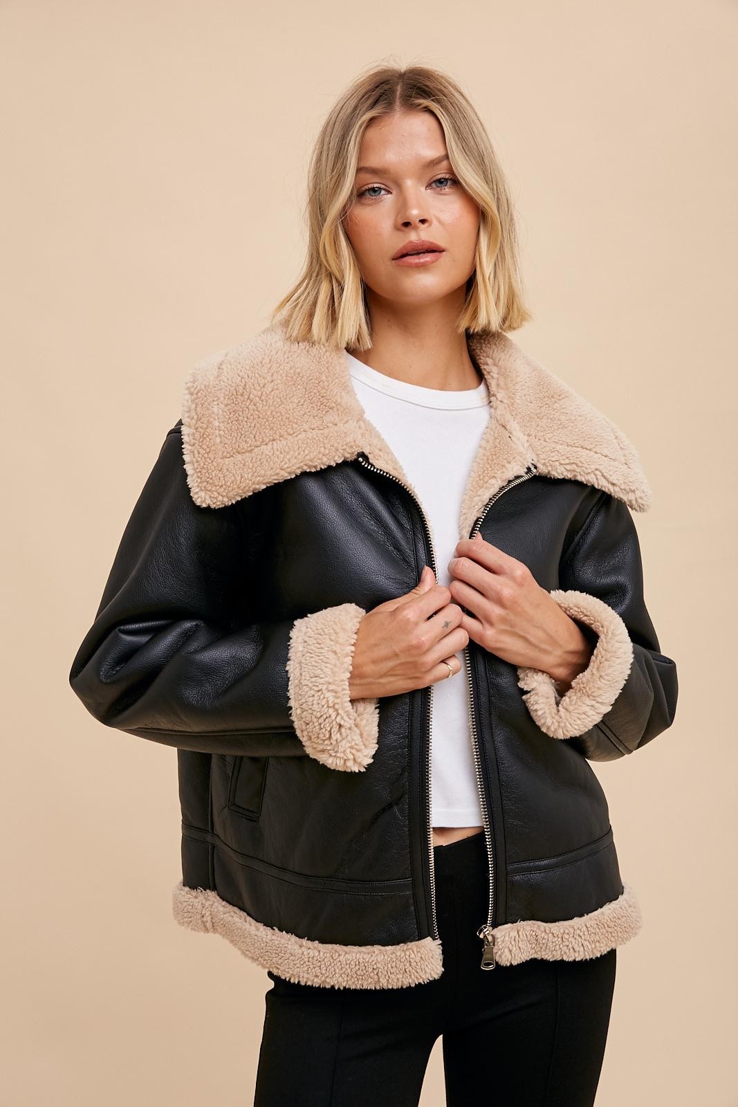 The Lexi Vegan Leather Shearling Jacket in Black