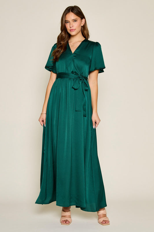 The Bridget Satin Dress in Emerald