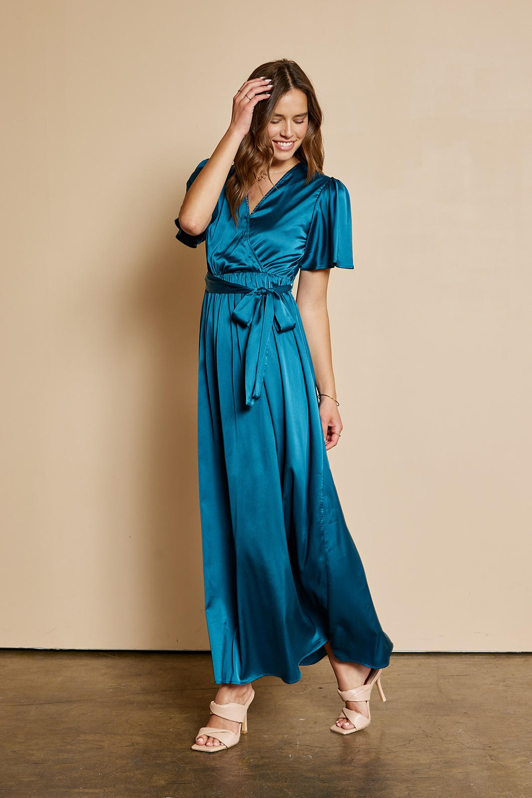 The Bridget Satin Dress in Teal