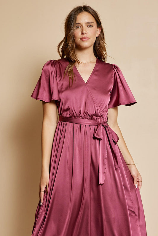 The Bridget Satin Dress in Burgundy