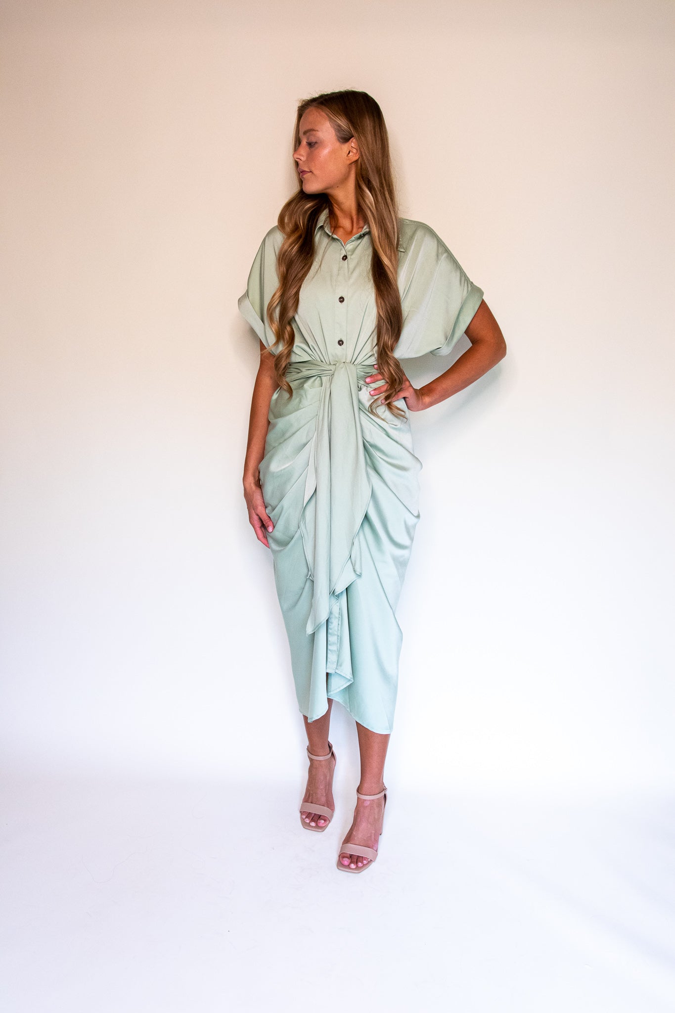 Serena Midi in Green Satin