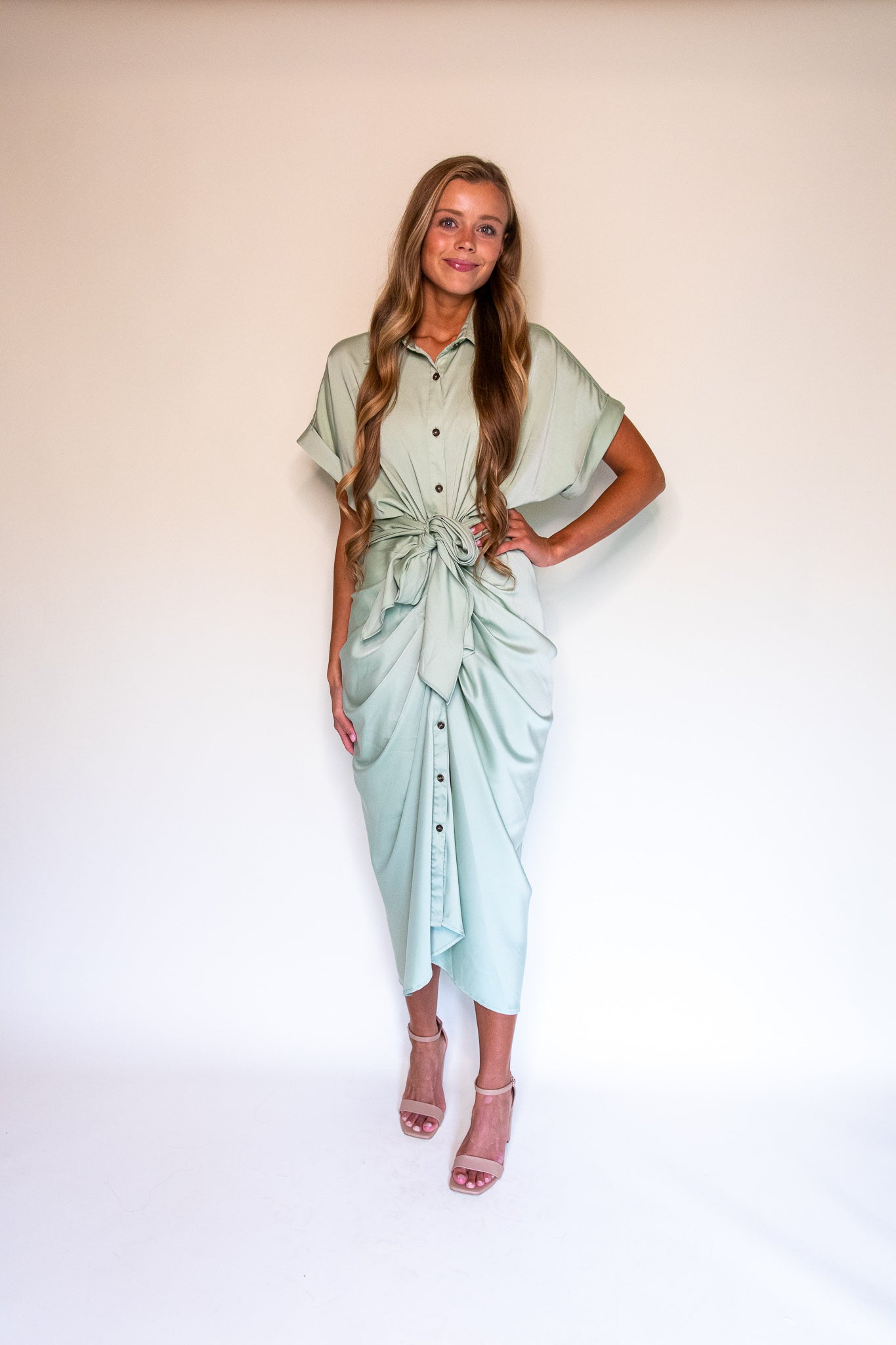 Serena Midi in Green Satin