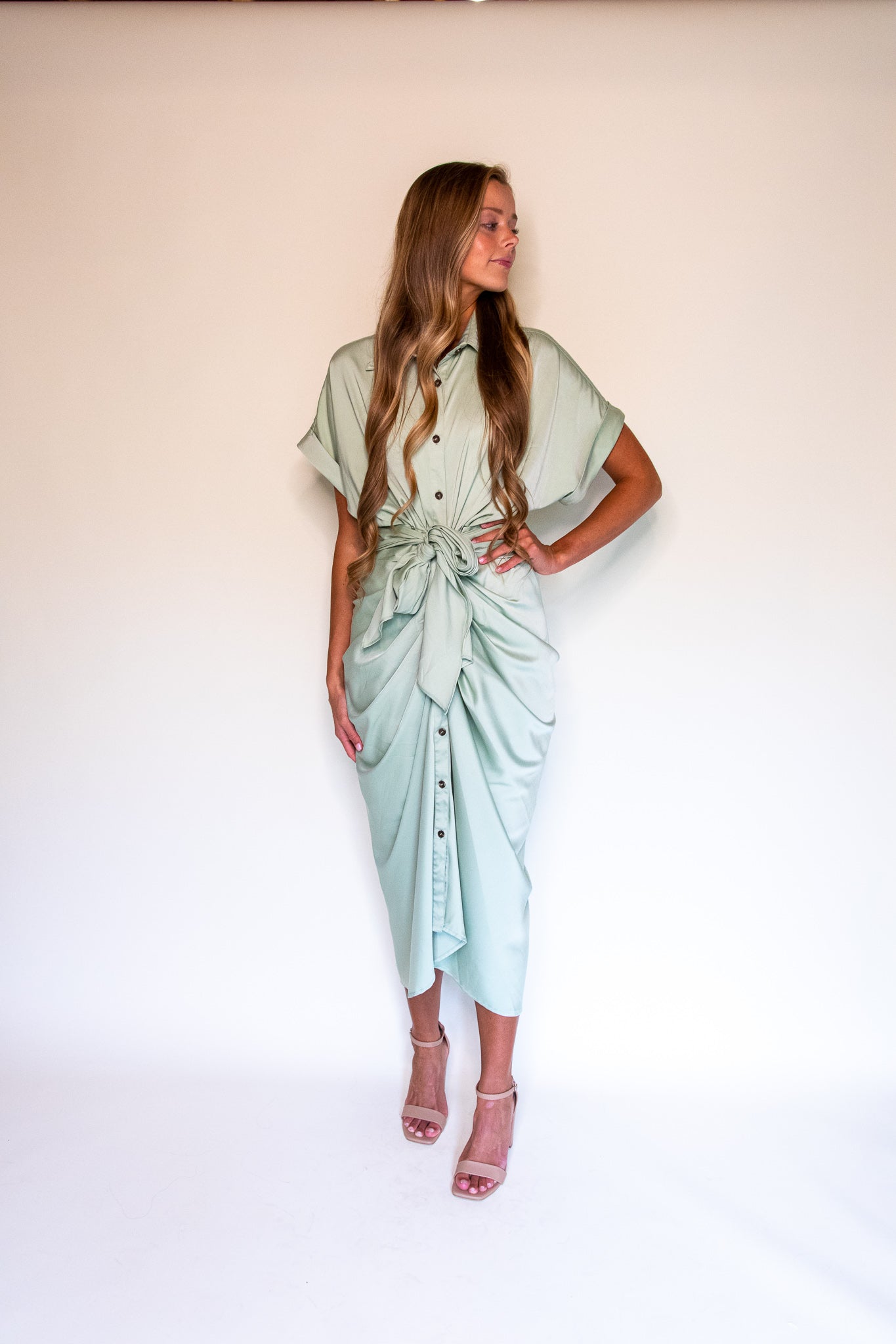 Serena Midi in Green Satin