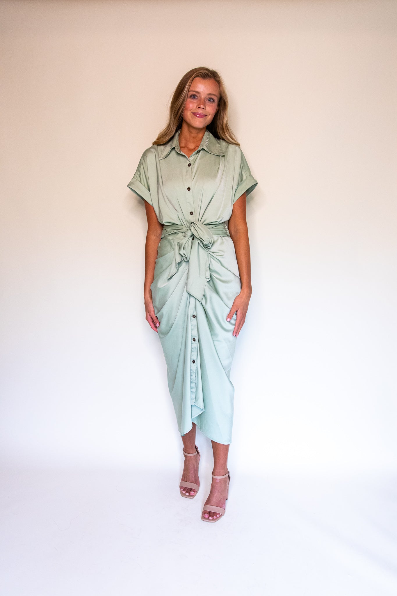 Serena Midi in Green Satin