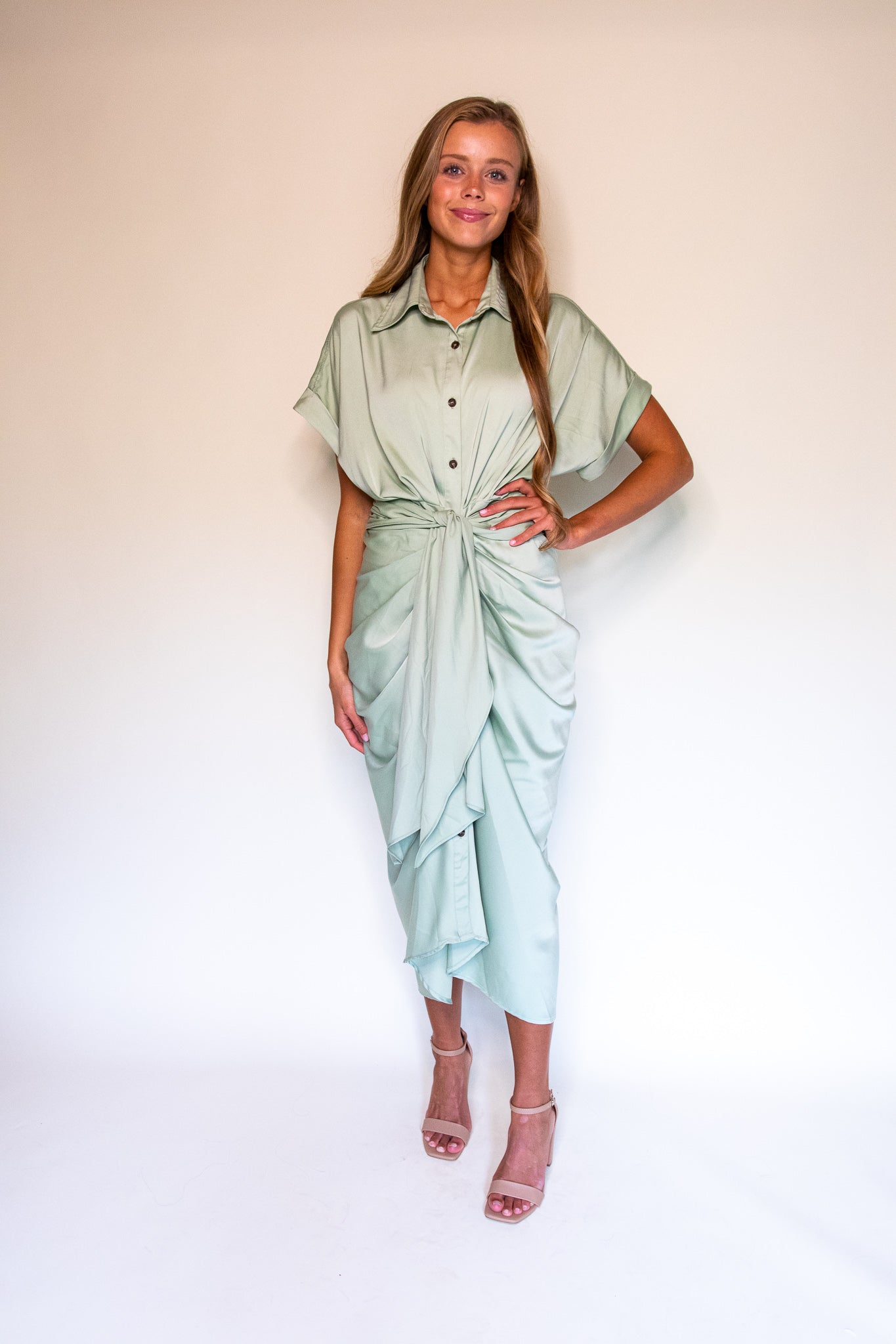 Serena Midi in Green Satin