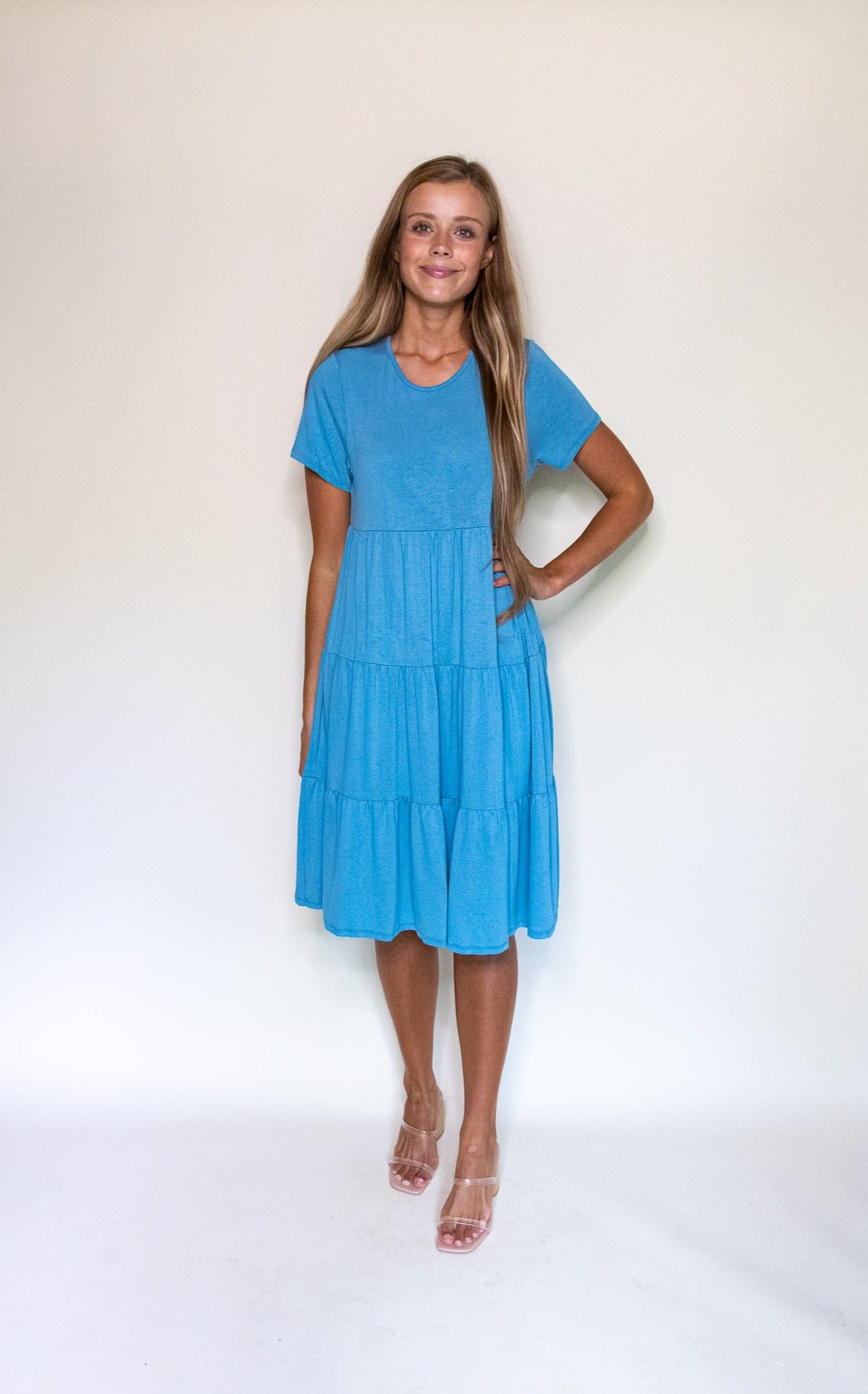 The Riley Tiered T-Shirt Dress in Blue