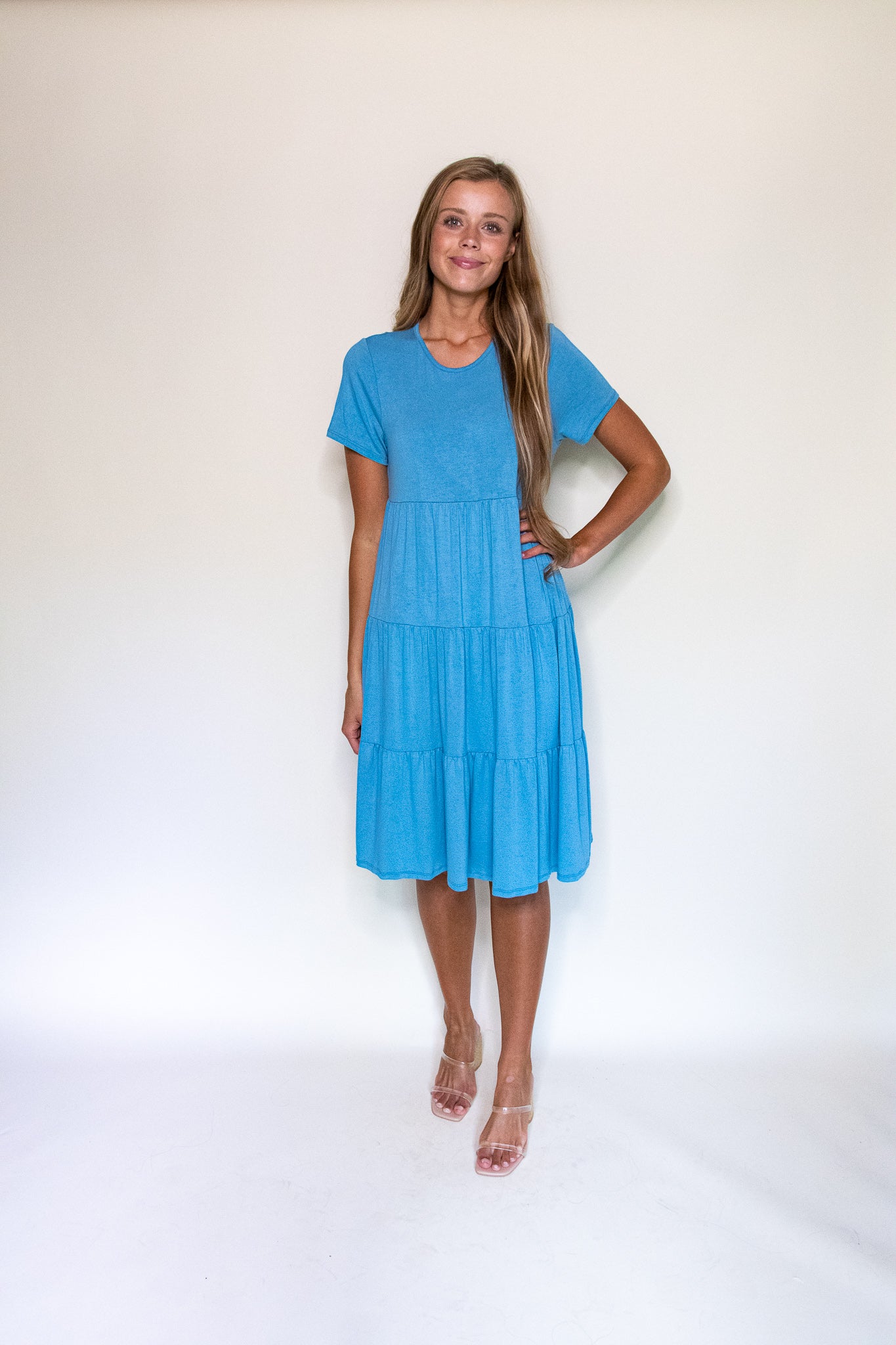 The Riley Tiered T-Shirt Dress in Blue