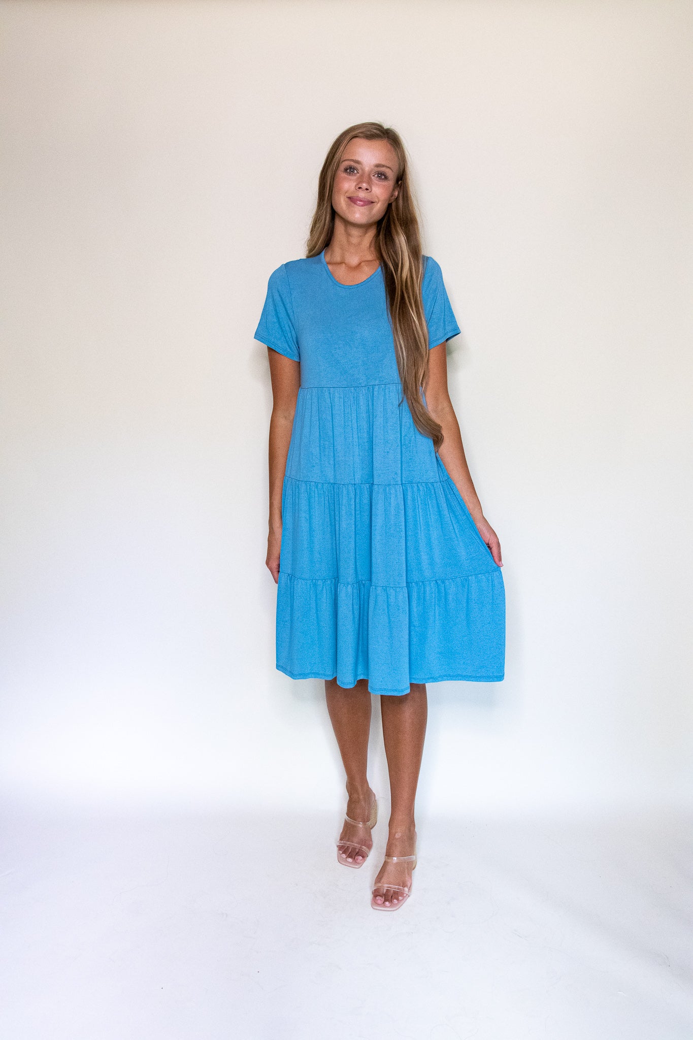 The Riley Tiered T-Shirt Dress in Blue