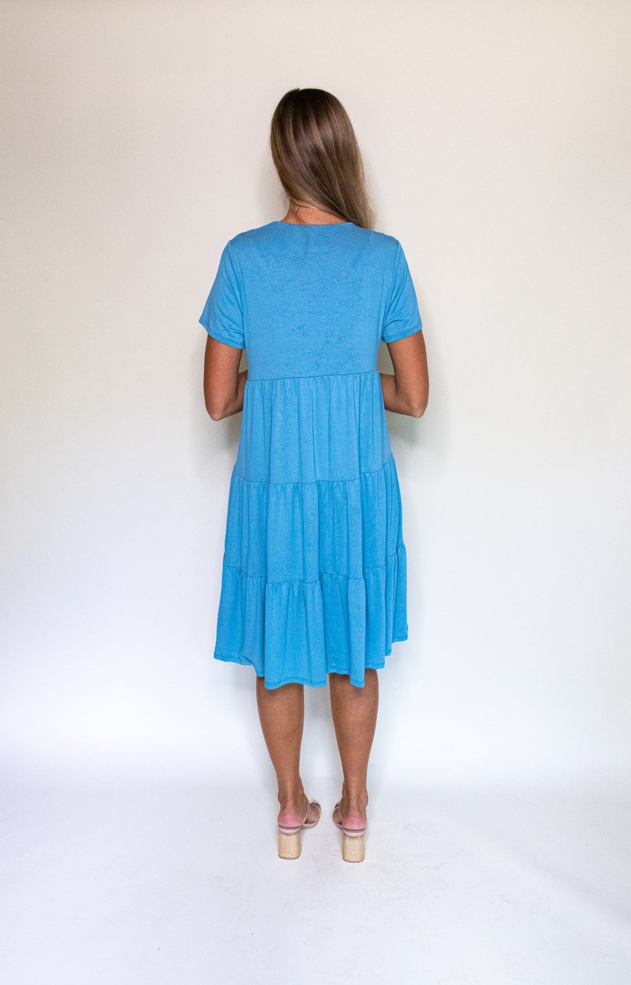 The Riley Tiered T-Shirt Dress in Blue