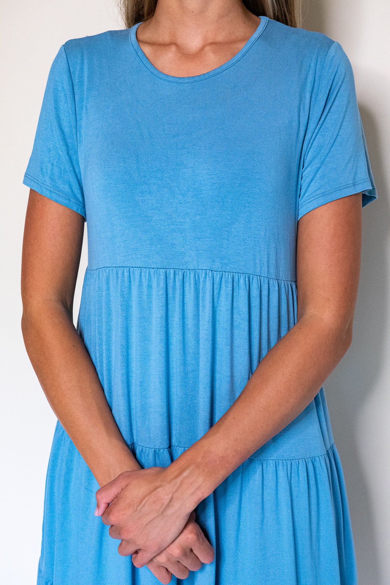 The Riley Tiered T-Shirt Dress in Blue