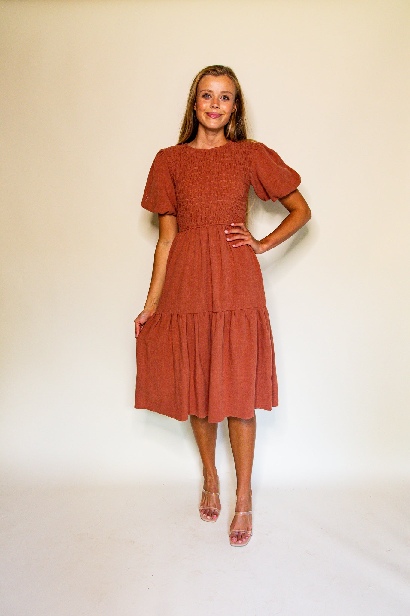 The Sarah Smocked Linen Dress in Terracotta