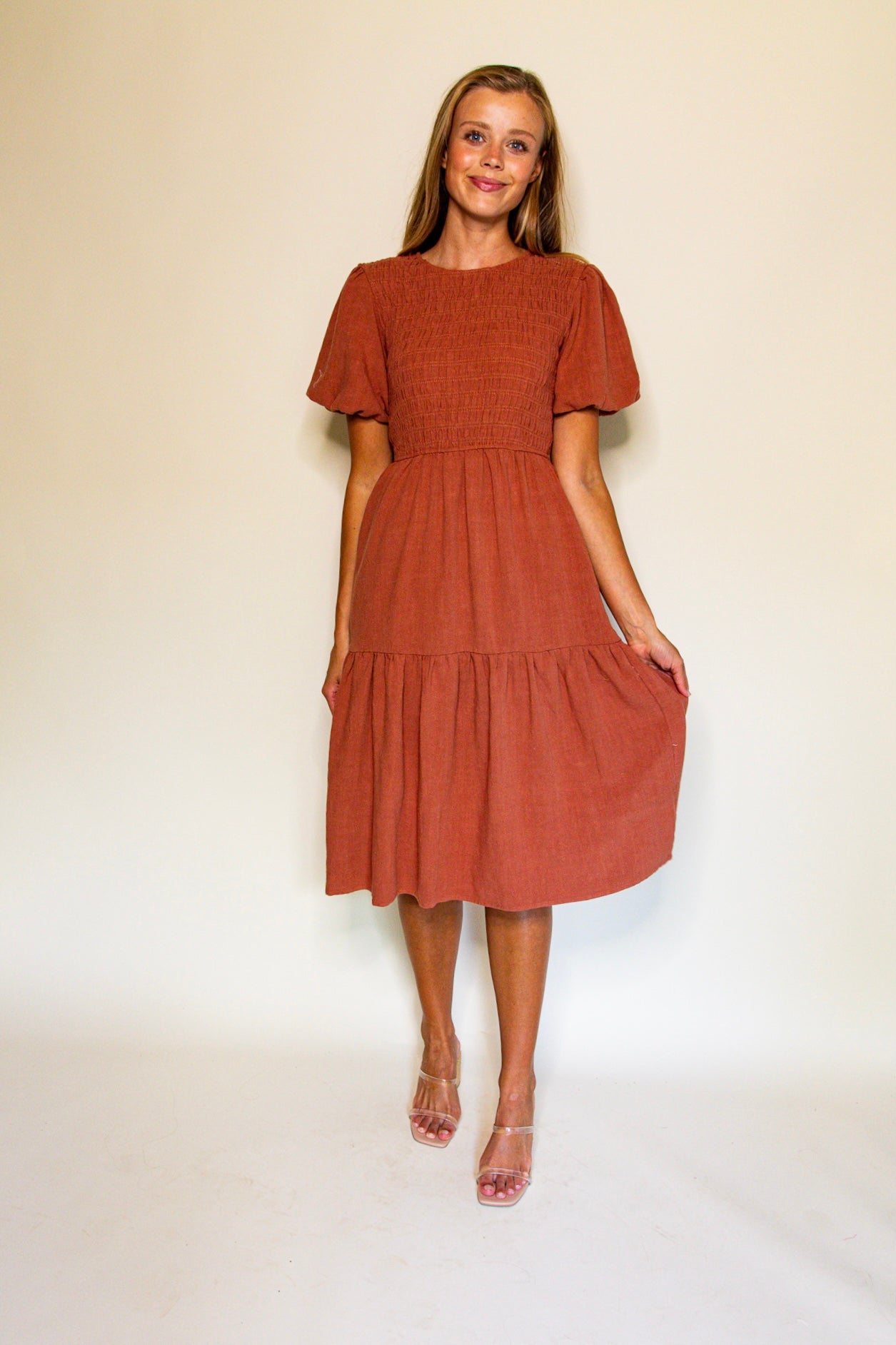 The Sarah Smocked Linen Dress in Terracotta