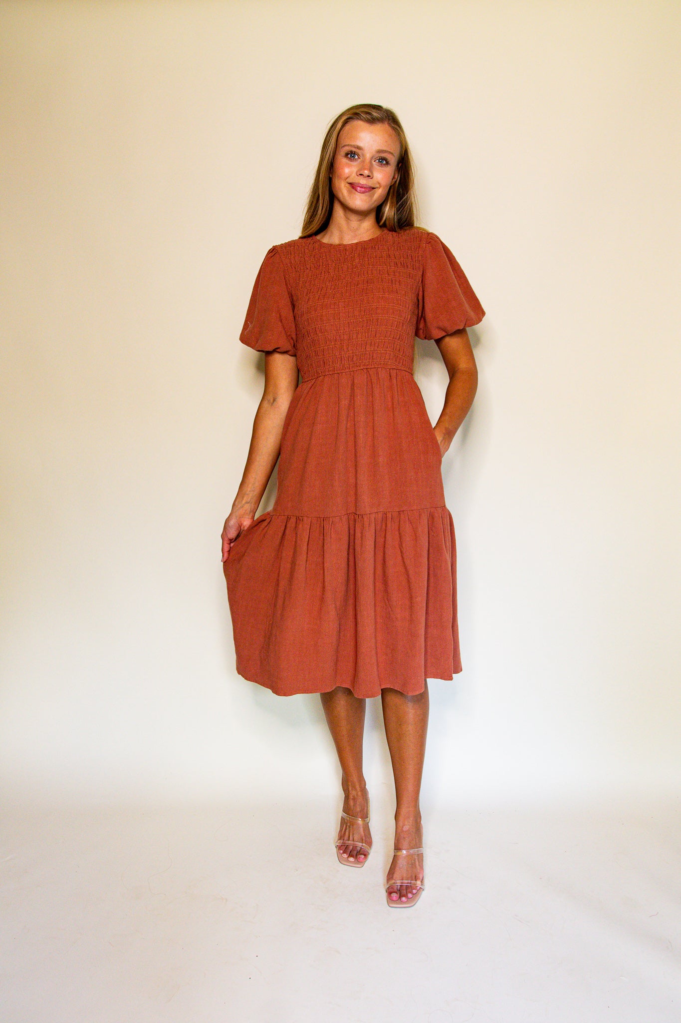 The Sarah Smocked Linen Dress in Terracotta