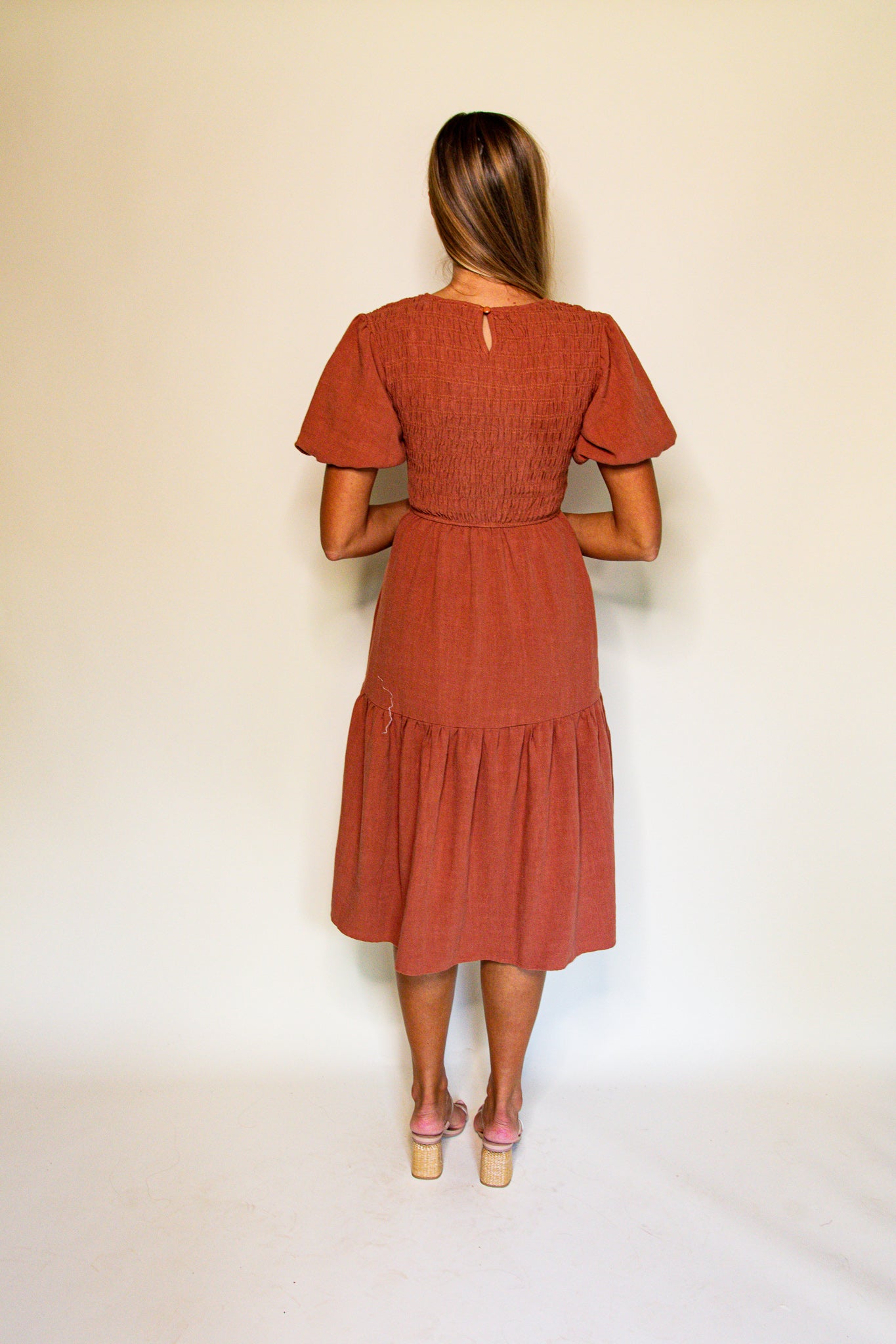 The Sarah Smocked Linen Dress in Terracotta