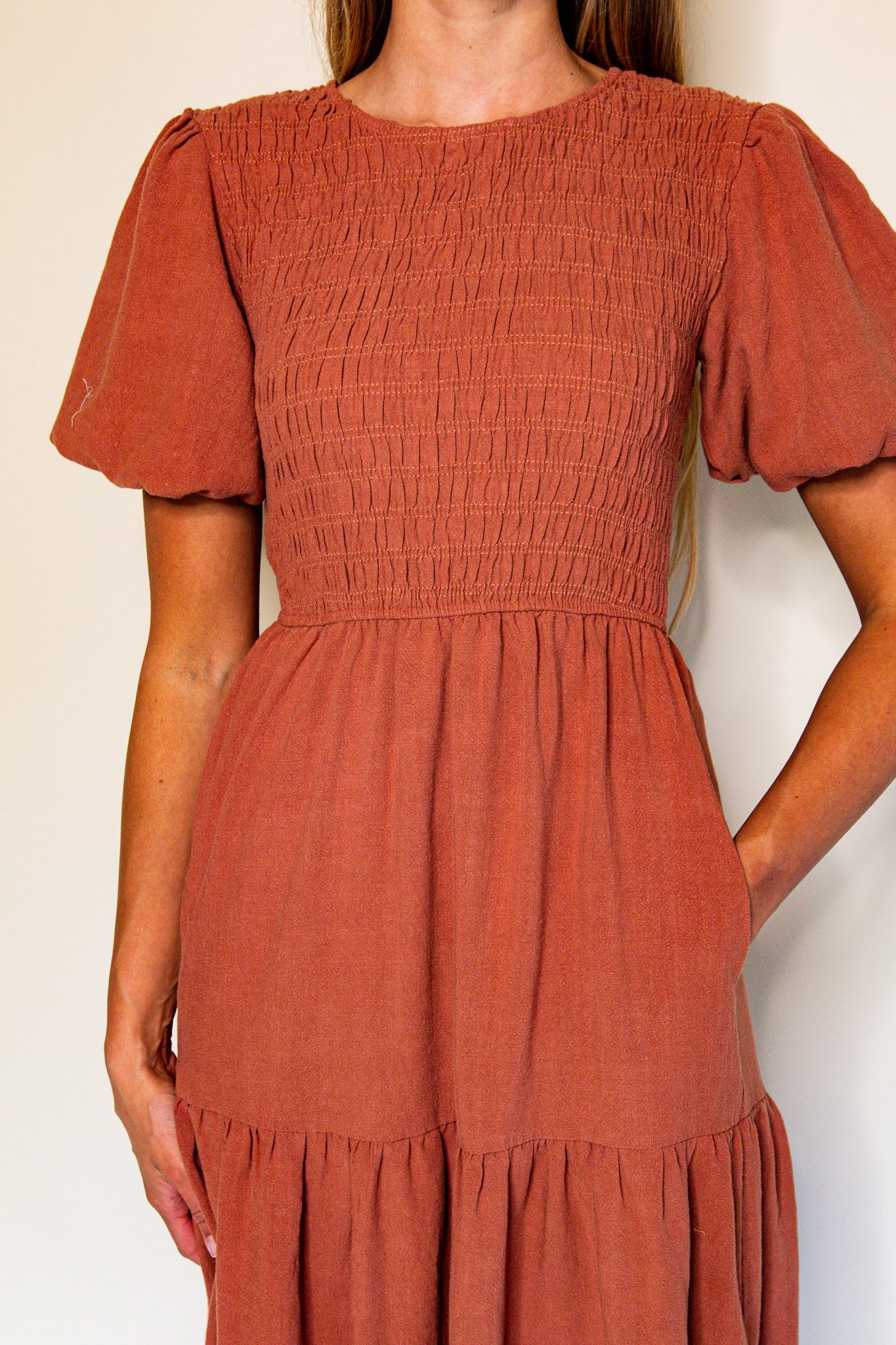 The Sarah Smocked Linen Dress in Terracotta