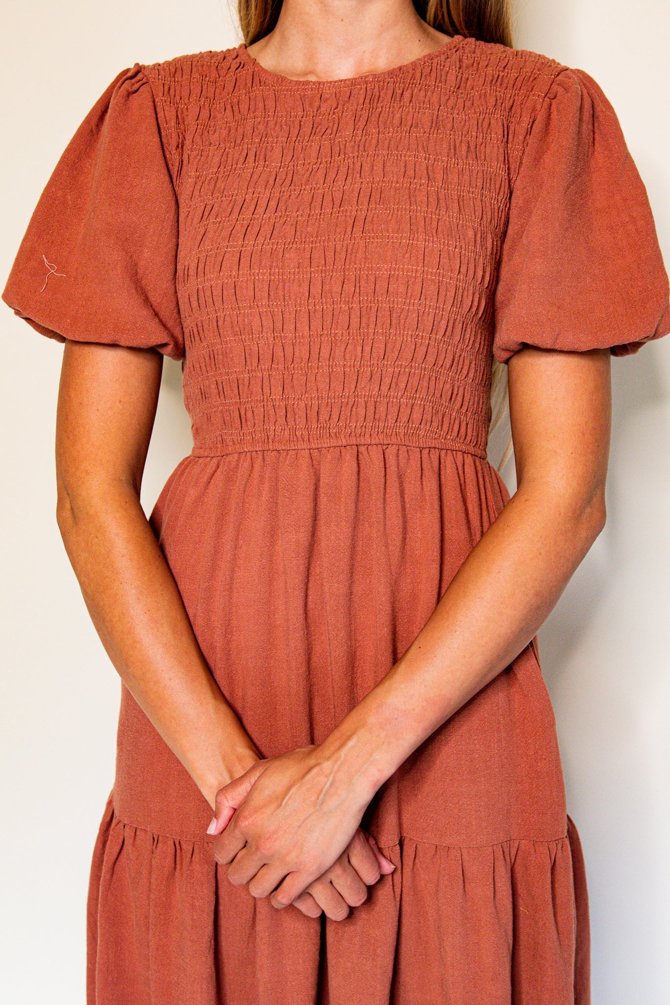 The Sarah Smocked Linen Dress in Terracotta