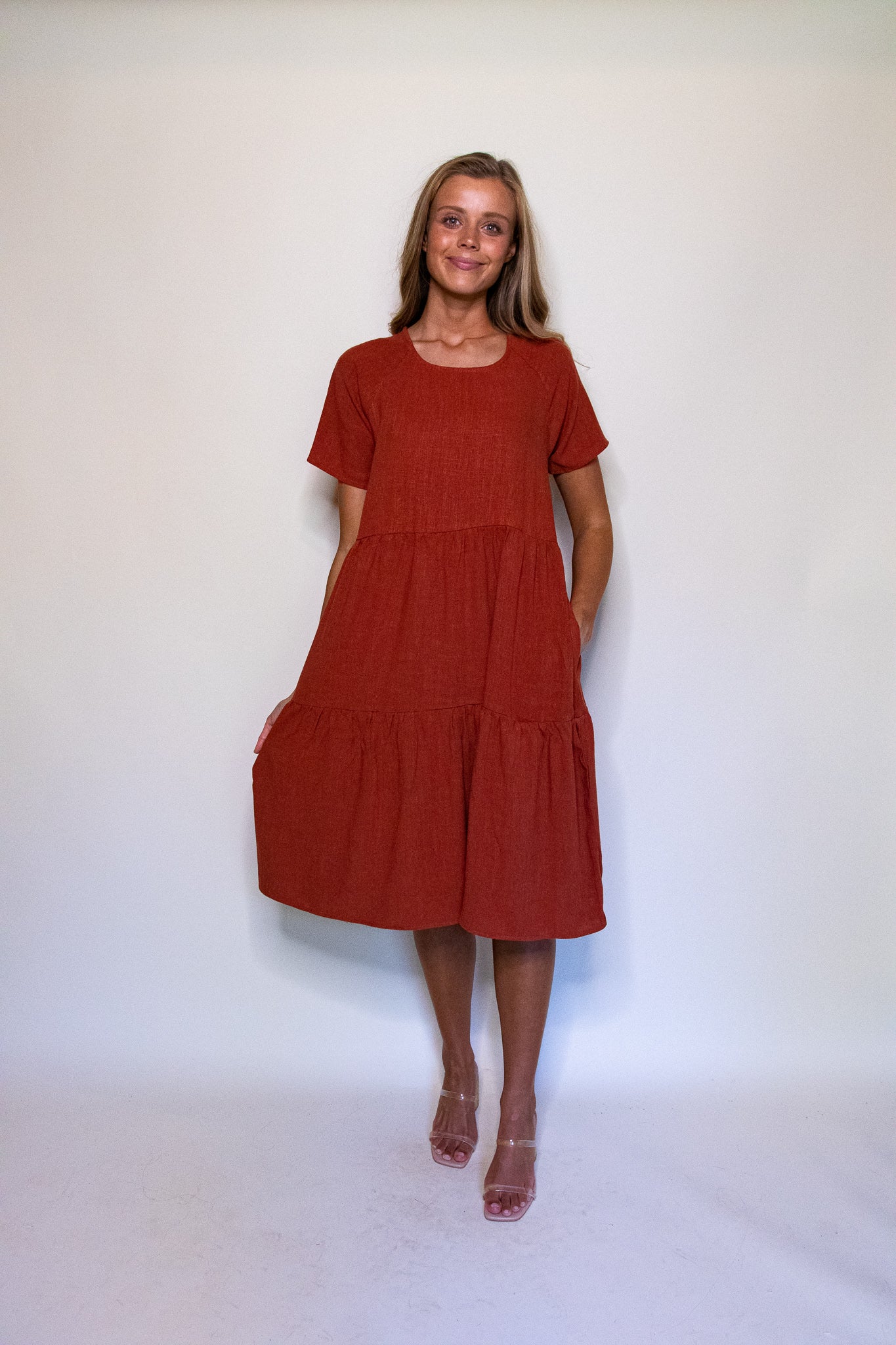 The Kelly Tiered T-Shirt Dress with Pockets in Rust