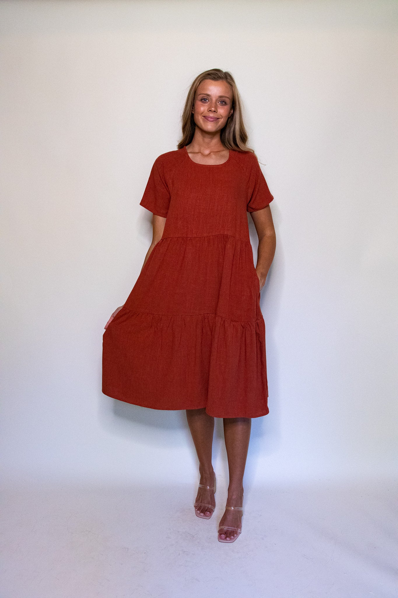 The Kelly Tiered T-Shirt Dress with Pockets in Rust