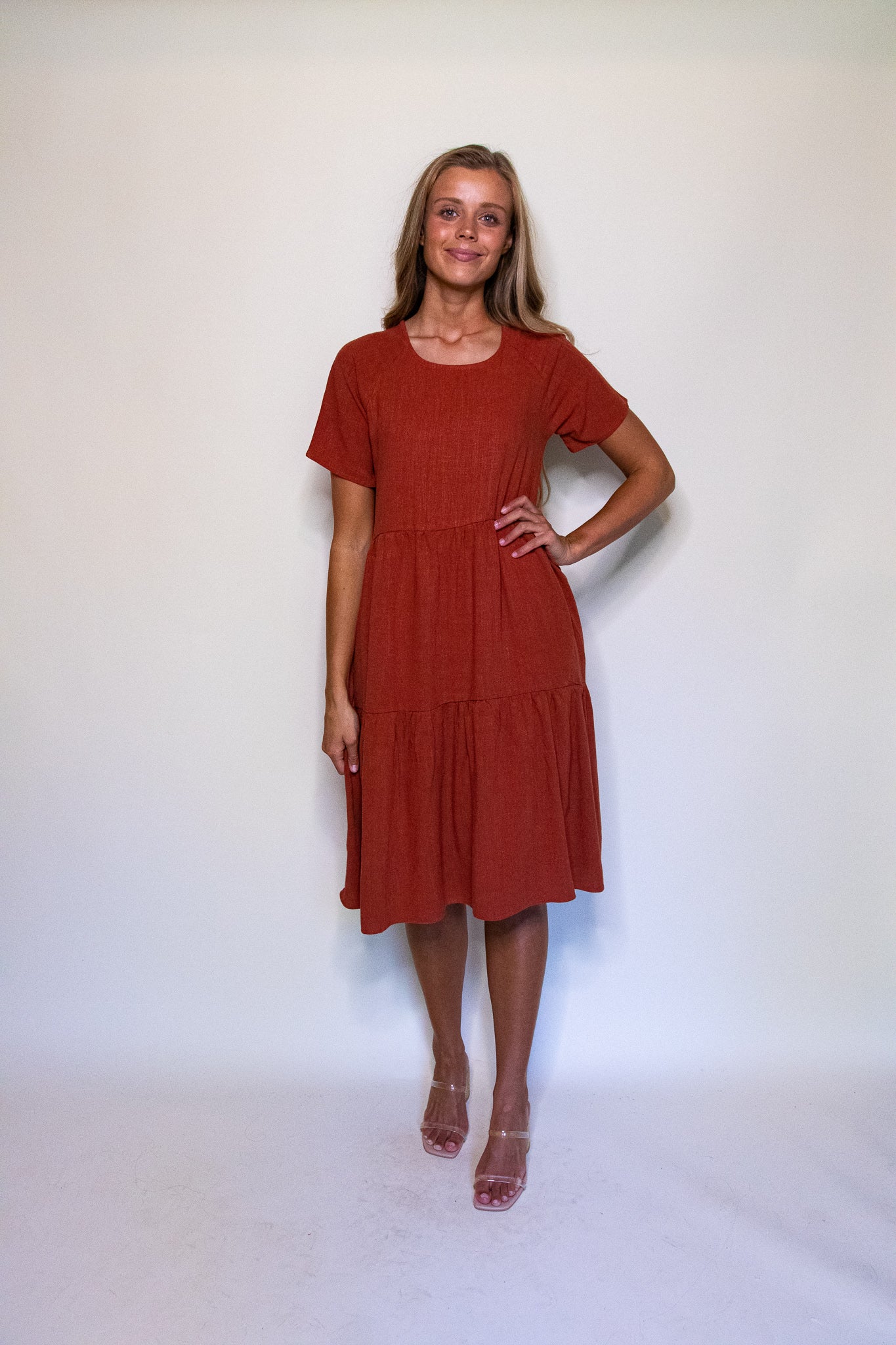 The Kelly Tiered T-Shirt Dress with Pockets in Rust