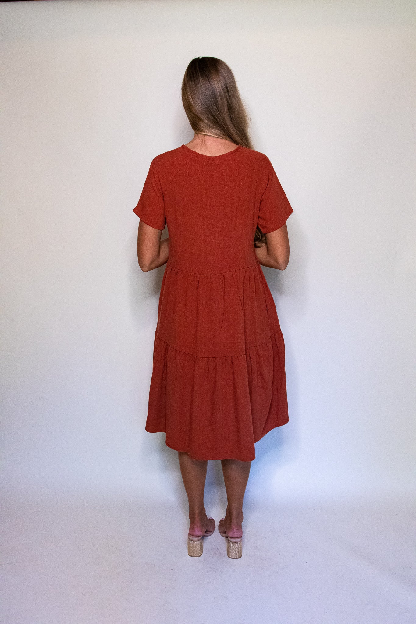 The Kelly Tiered T-Shirt Dress with Pockets in Rust