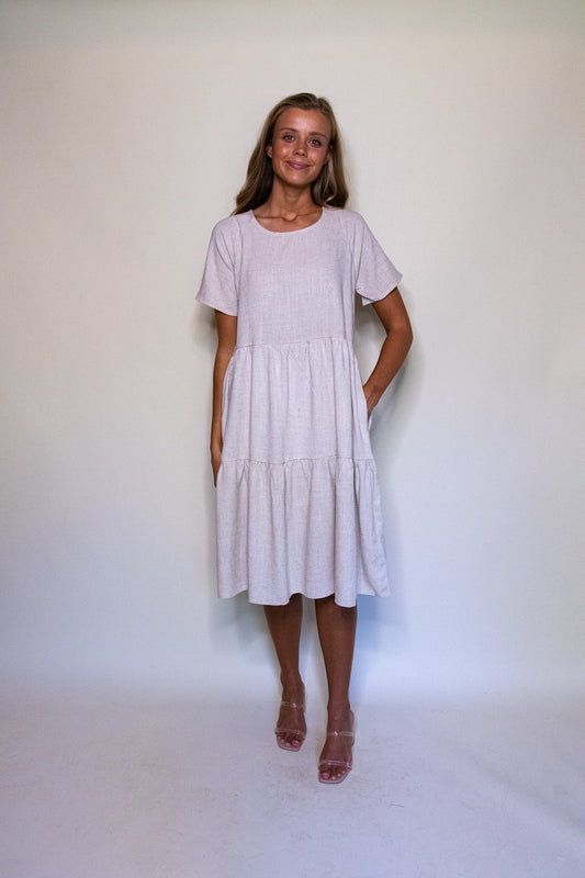 RESTOCKED The Kelly Tiered T-Shirt Dress with Pockets in Oatmeal