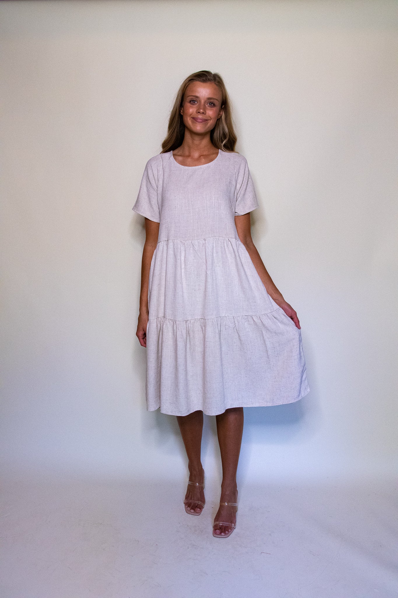 RESTOCKED The Kelly Tiered T-Shirt Dress with Pockets in Oatmeal