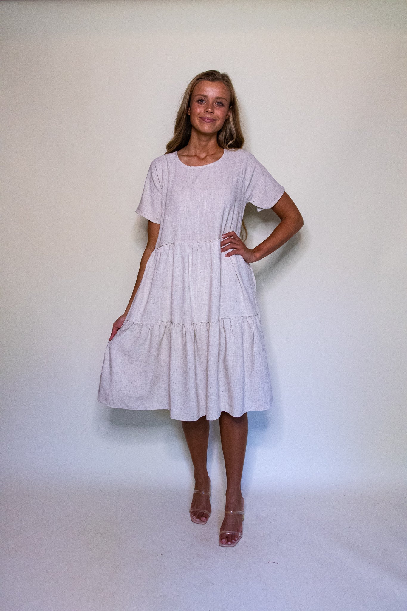 RESTOCKED The Kelly Tiered T-Shirt Dress with Pockets in Oatmeal