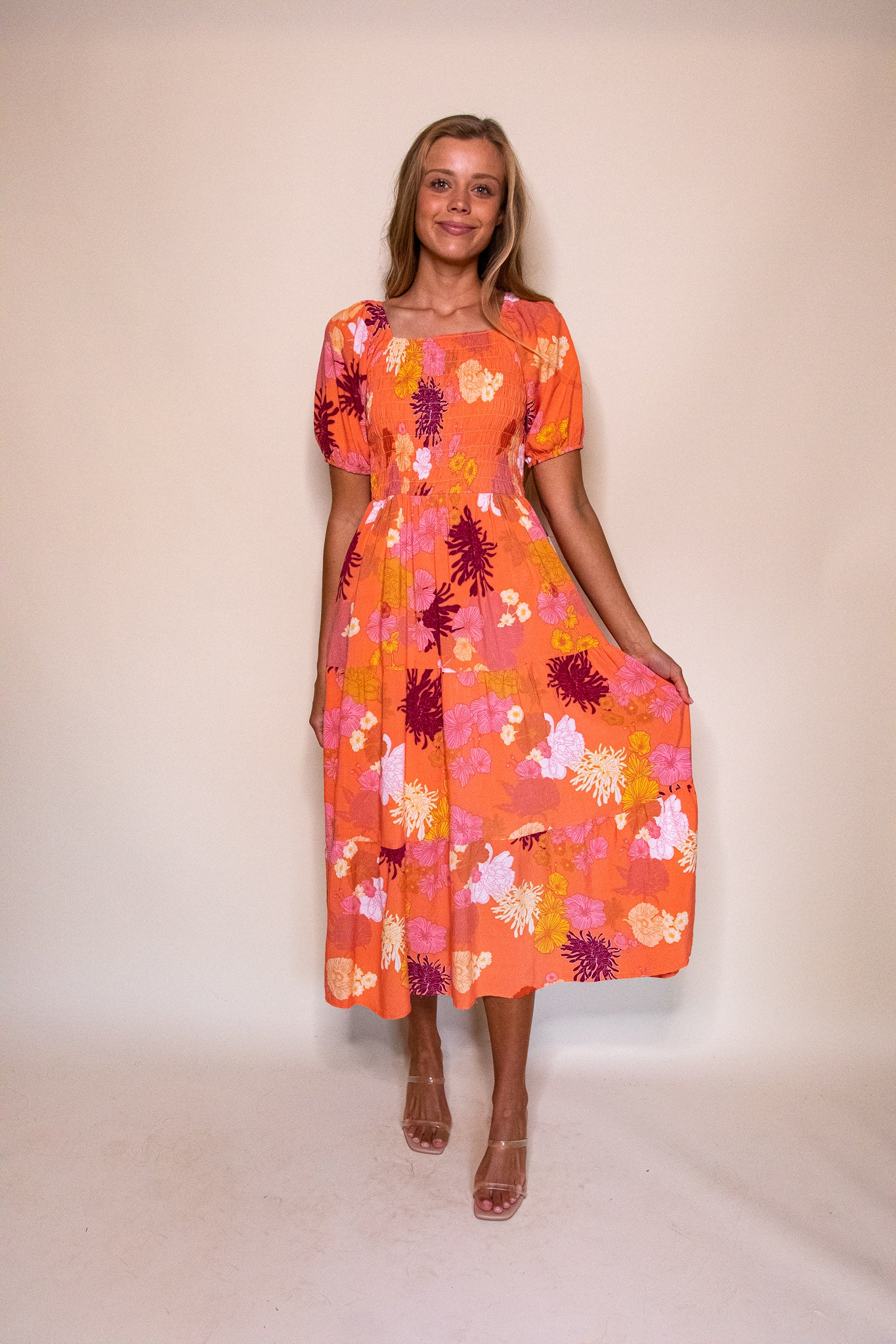 Smocked Dress in Sunset Floral