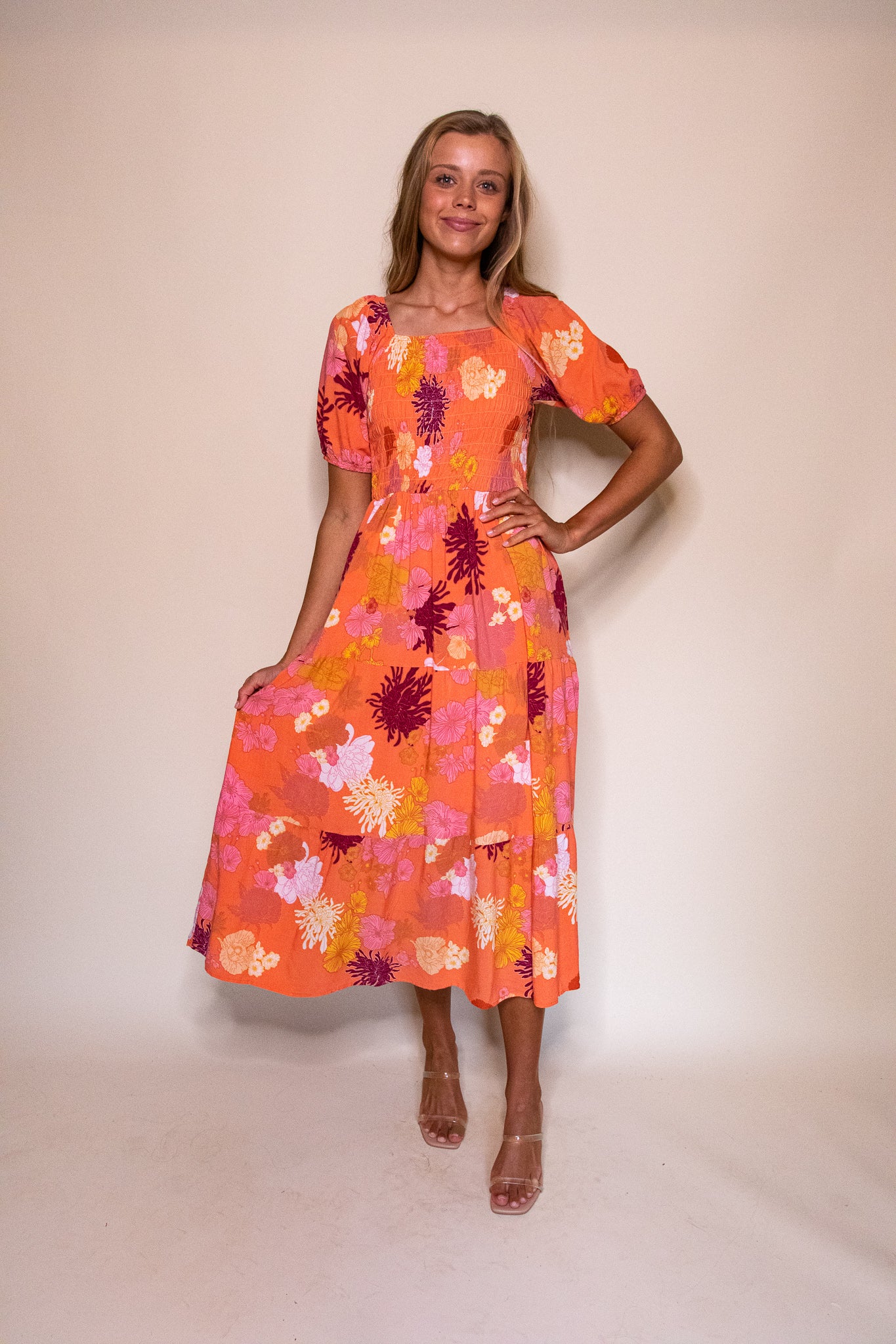 Smocked Dress in Sunset Floral