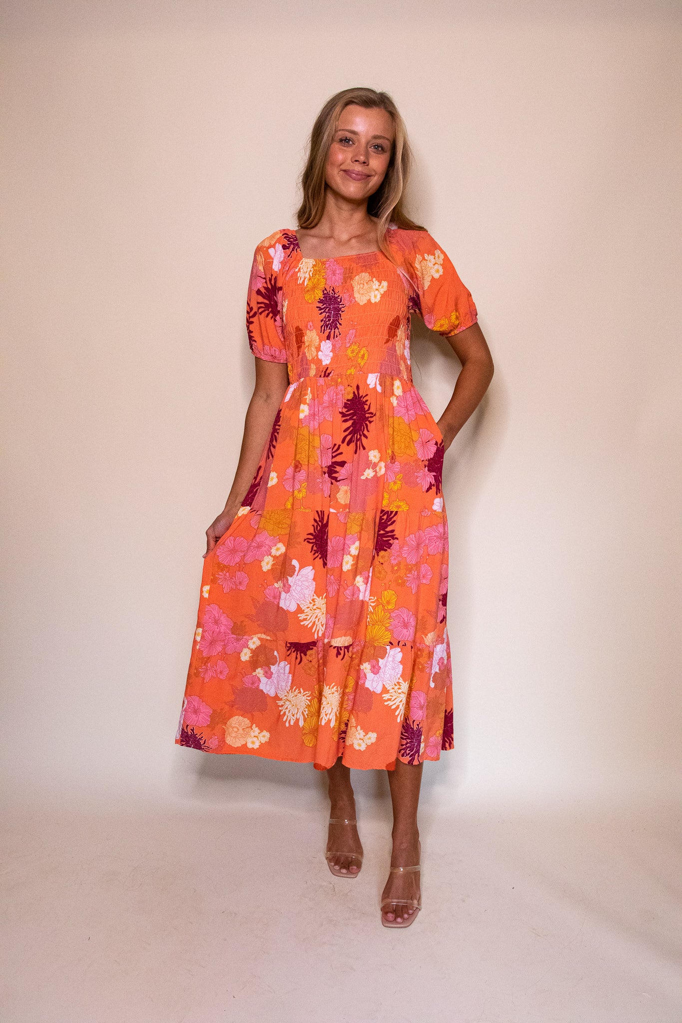 Smocked Dress in Sunset Floral