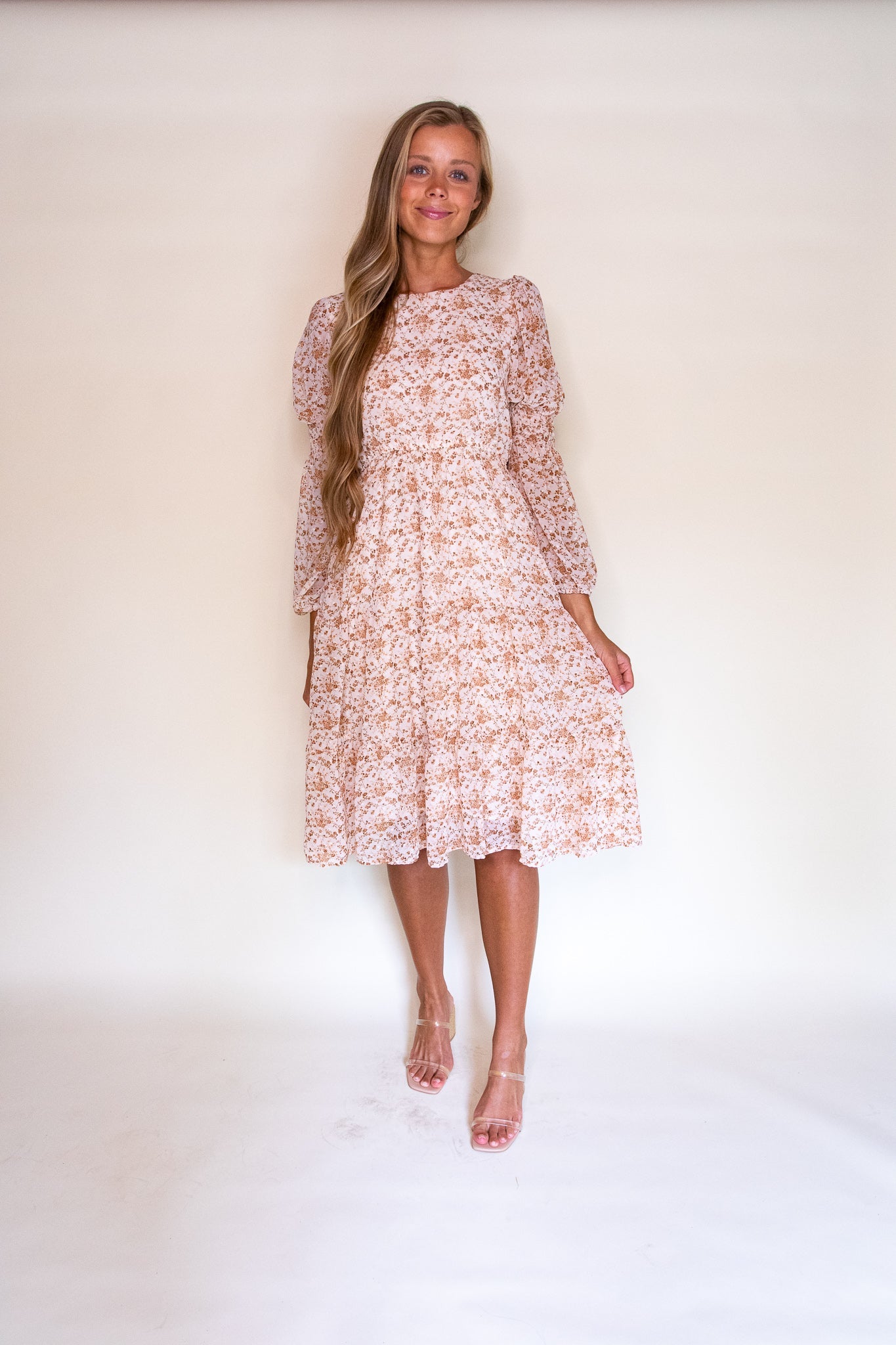 RESTOCKED - The Kelsey Midi Dress in Tan Floral