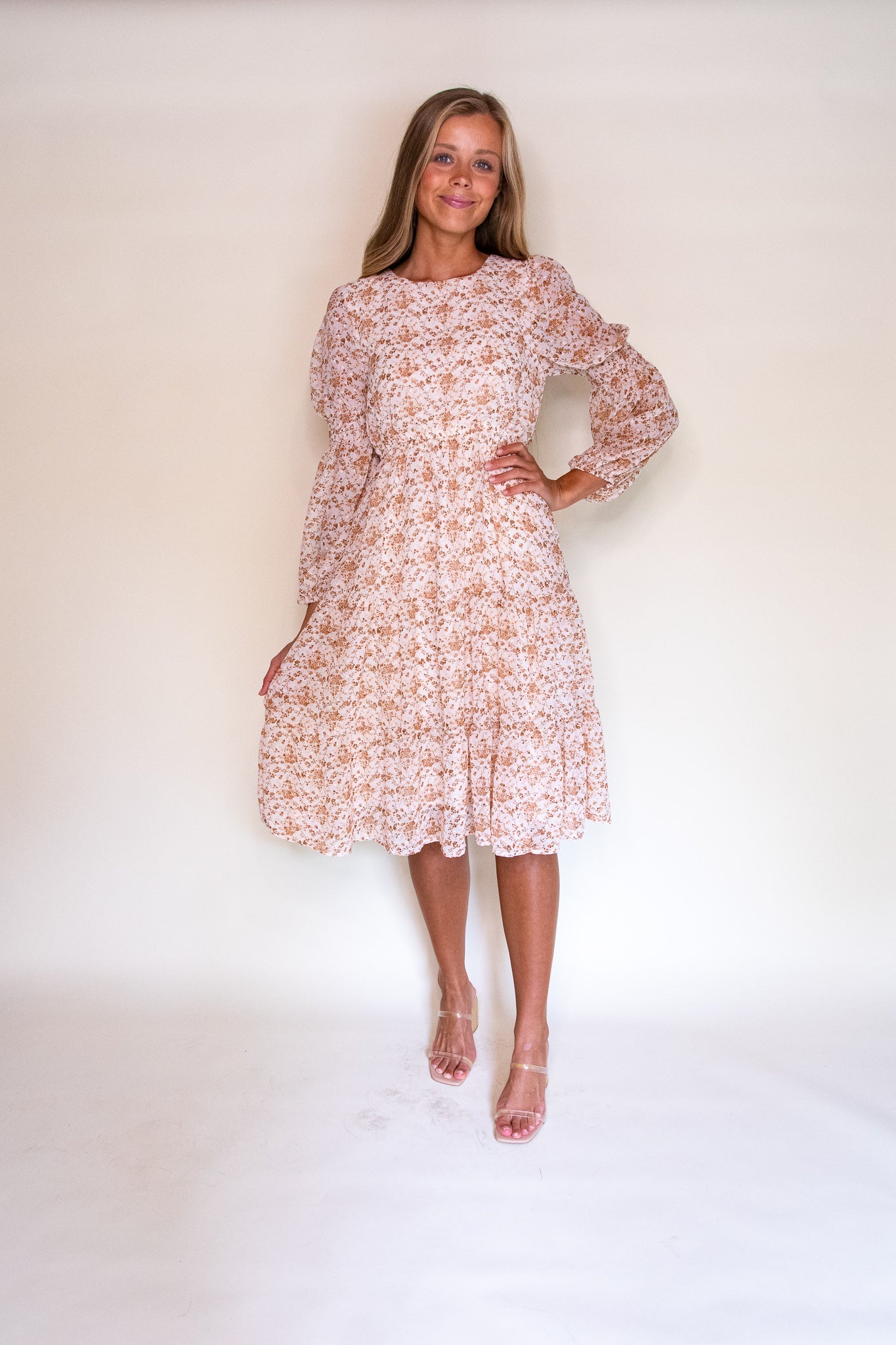 RESTOCKED - The Kelsey Midi Dress in Tan Floral