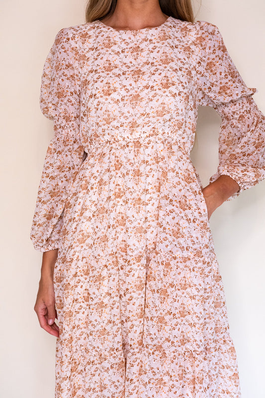 RESTOCKED - The Kelsey Midi Dress in Tan Floral